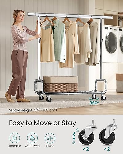 Miniatura 7 de SONGMICS Perchero de Ropa, Perchero de Ropa Rodante de Servicio Pesado con Ruedas, Barra Colgante Extensible y Altura Ajustable, Portátil, con