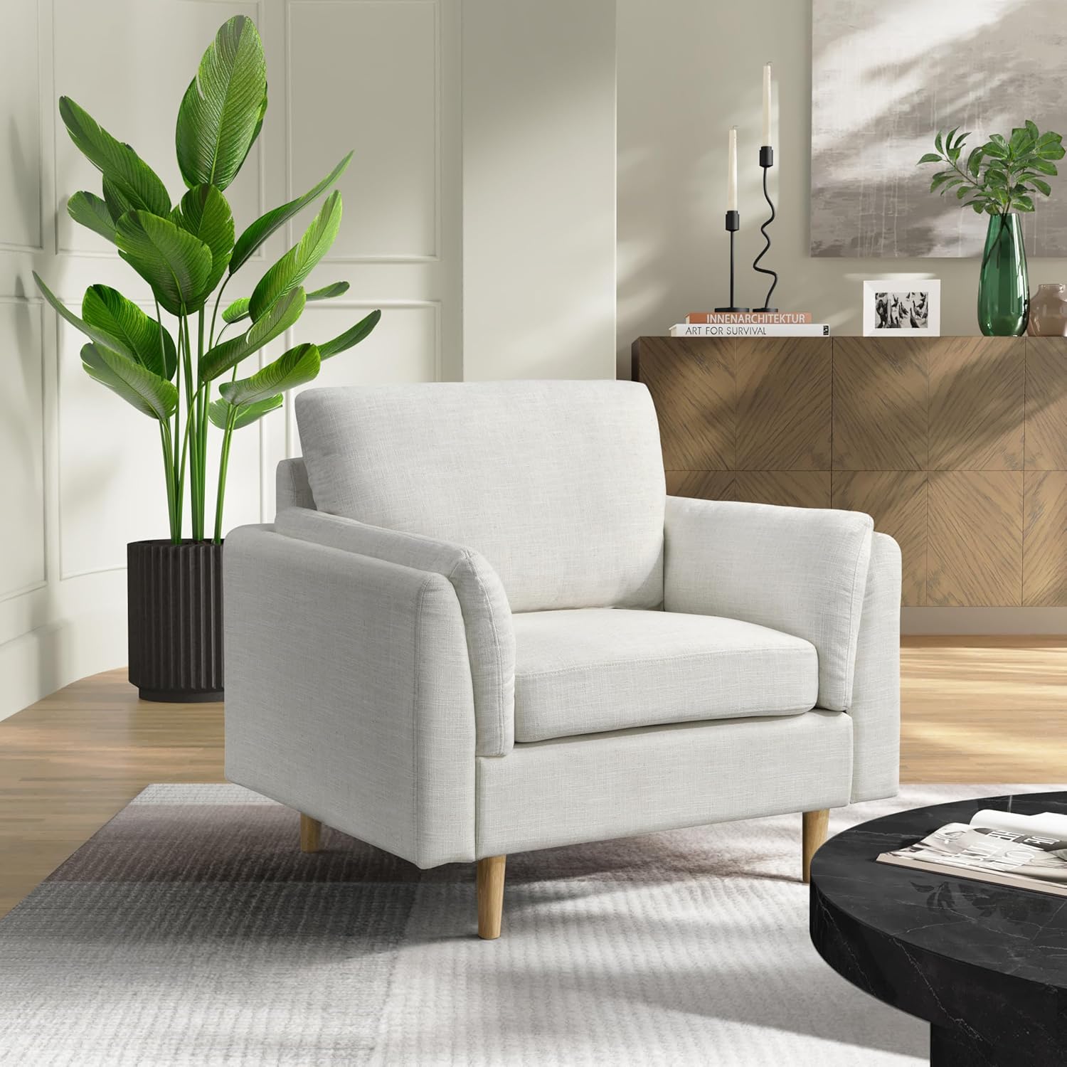 Melody 41.3" Stationary Accent Chair, Pocket Coil Comfort, Pillow-Top Wedge Arm, Woven Polyester Fabric, Cream