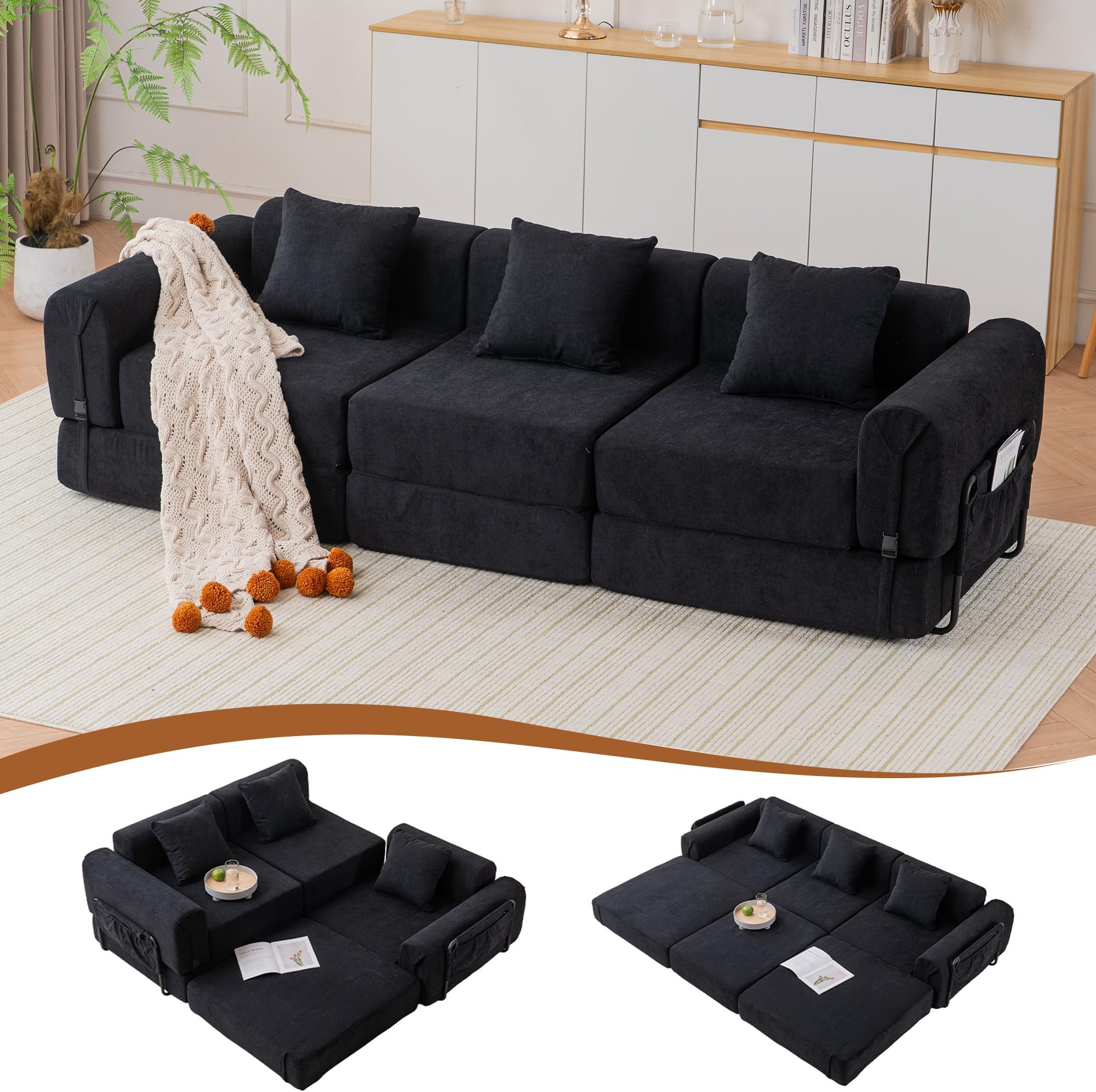 Cloud Modular Sectional Sofa, Foldable Floor Couch Bed, Convertible Sleeper Sofa Bed, Fold Out Boneless Couches for Living Room, Office, Guest Room, Apartment (3 Seater Couch, Black)