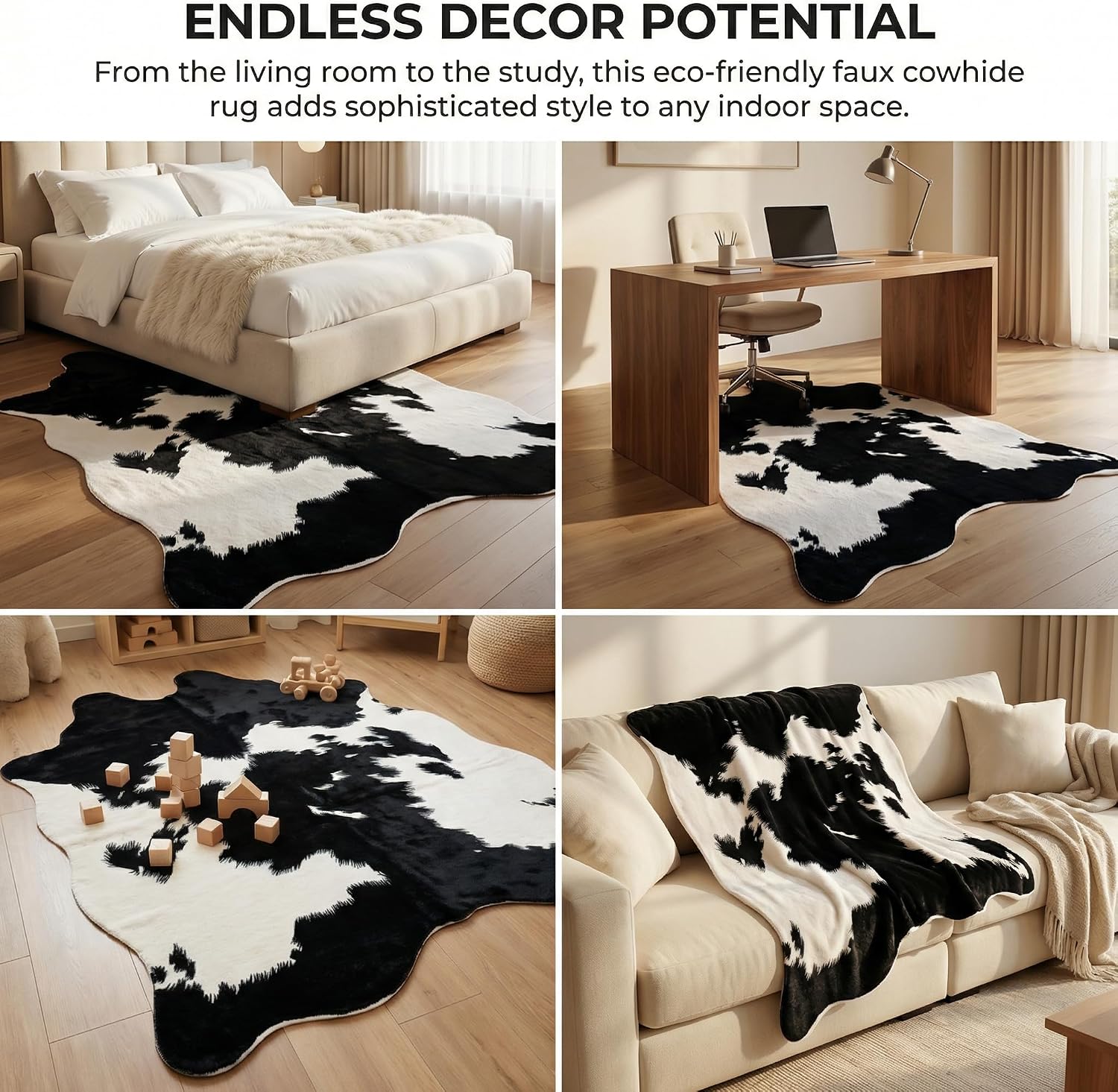 JACCAWS Faux Fur Black and White Cowhide Rug, Fluffy Fur 6.2 x 8.3 Feet image 5