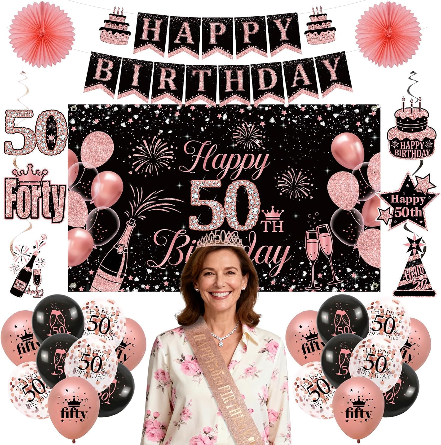50th Birthday Decorations for Women, Rose Gold 50 Birthday Crown and Sash, Black and Pink 50 Years Banner Balloons Backdrop Hanging Swirls Paper Fans, 50 Years Old Party Supplies - Image 4
