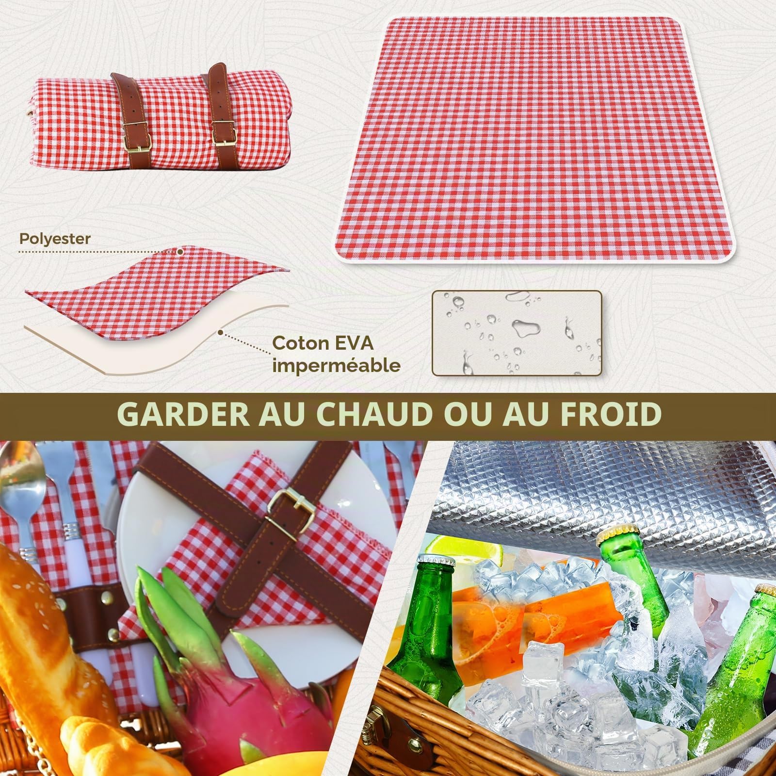 Panier de pique-nique pour 2 personnes, avec compartiment isotherme et couverture de pique-nique imperméable, sangle amovible, sac à vin, couverts, pour le camping, la plage, la randonnée, le