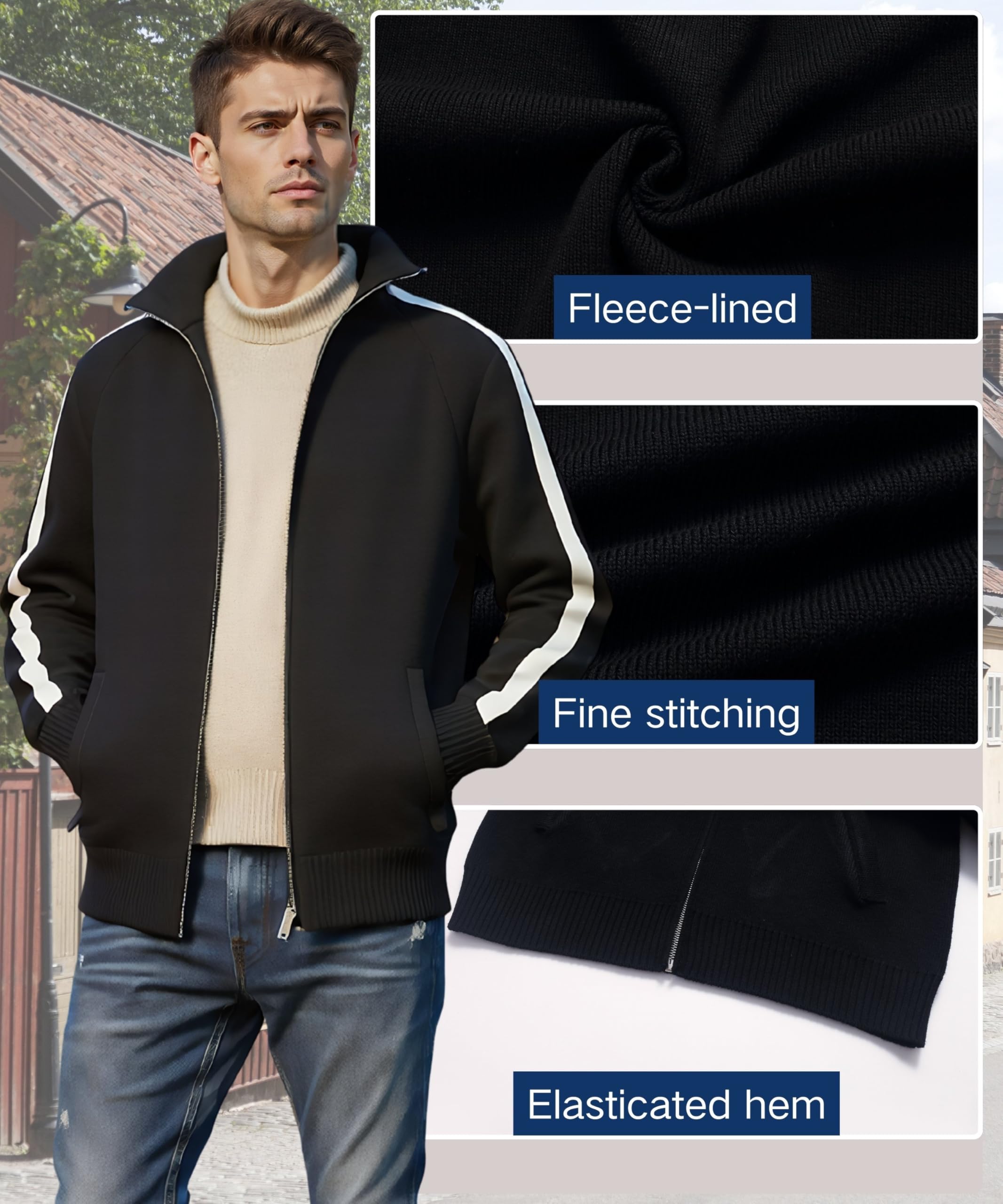 Herren Gestrickt Strickjacke Langarm Voller Reißverschluss Cardigan Stehkragen Warme Pullover Winter Sweatjacke mit Taschen