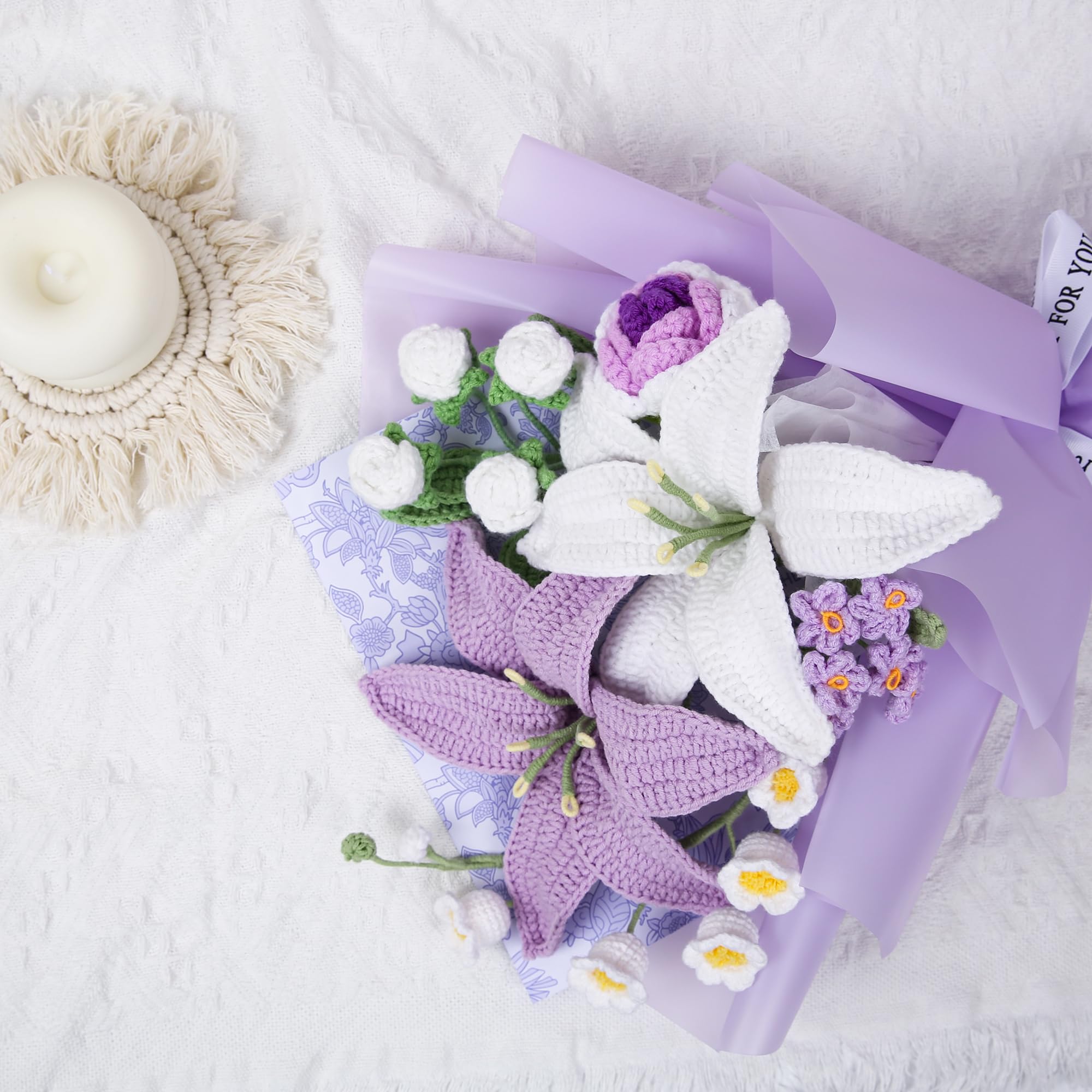 Ramo de flores de ganchillo, ramo de flores de ganchillo hecho a mano con rosas y lirios, flor artificial de ganchillo para el día de la madre, cumpleaños, boda, decoración del hogar, bolsa de regalo