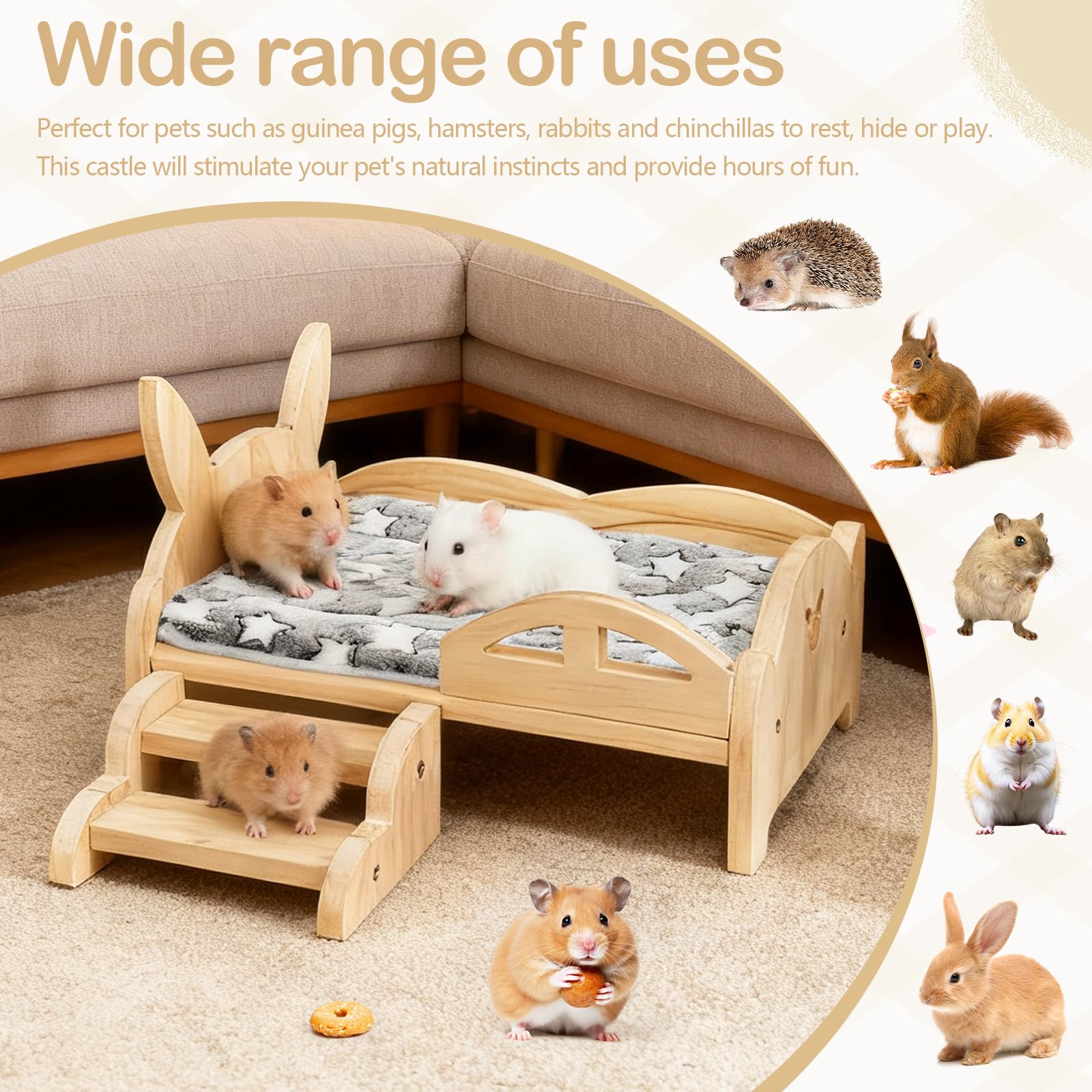 Letto per Porcellini D'India, 34 x 22 x 7 cm Letto in Legno per Piccoli Animali con Materasso Rimovibile e Scale Larghe 15,5 cm per Porcellini D'India Criceti Coniglio Furetti Ricci