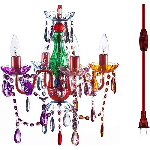 The Original Brink House Plug-in 4 Light Multicolor Hanging Swag Chandelier H17.5”xW15”, Red Metal Frame with Multicolor Glass Stem and Acrylic Crystals
