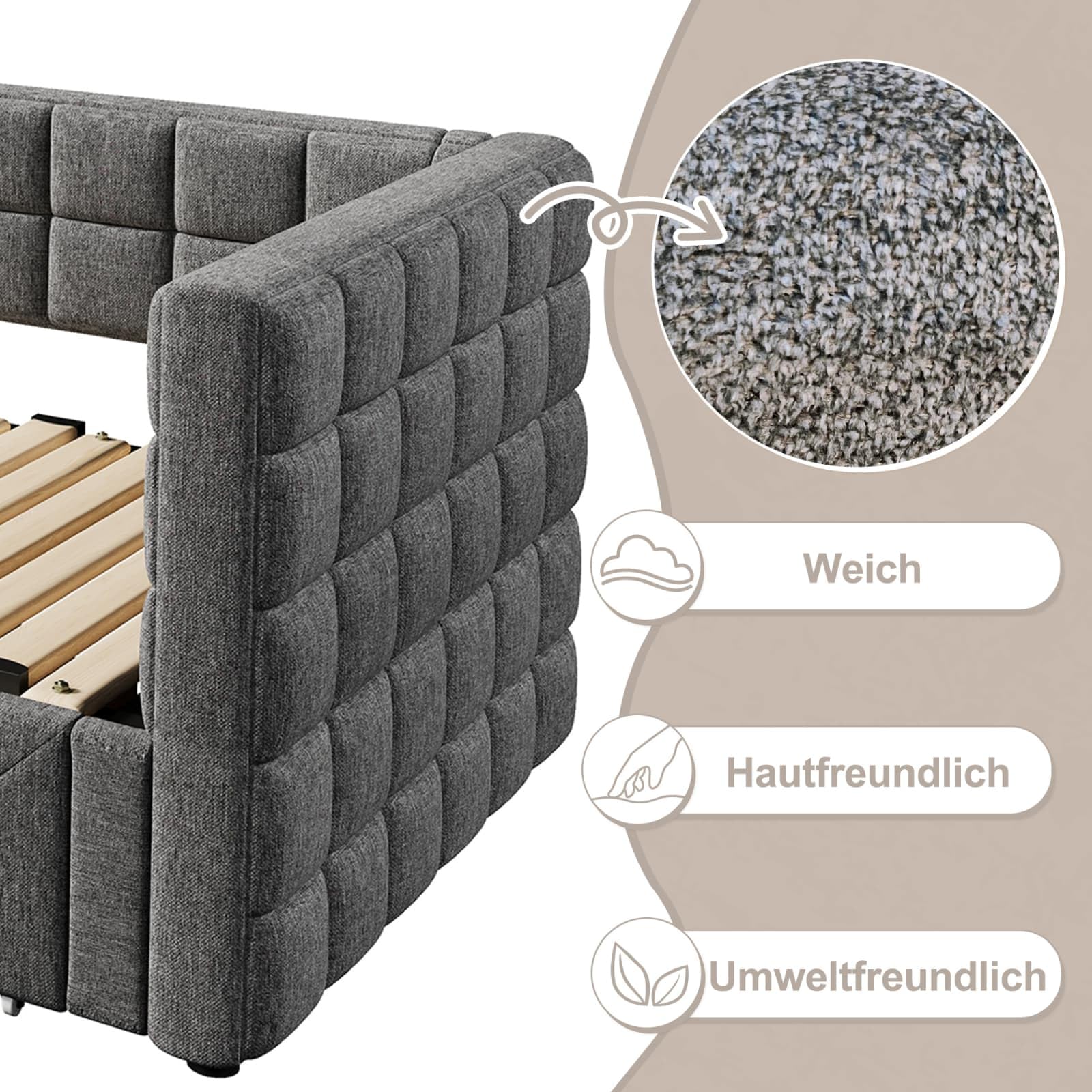 PUGSDRLY Canapé Lit Convertible 90/180x200cm avec 2 Tiroirs,canapé lit 2 Places Convertible Multifonctionnel,capitonné,sommier à Lattes,Tissu Velours,sans Matelas (Gris-B)