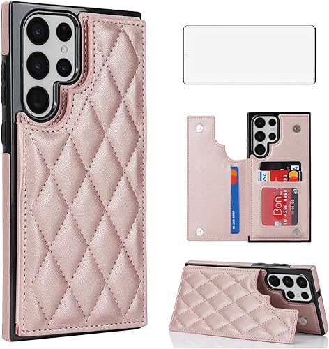 Asuwish Funda de teléfono para Samsung Galaxy S22 Ultra 5G con protector de pantalla de vidrio templado y soporte de tarjeta de crédito RFID de