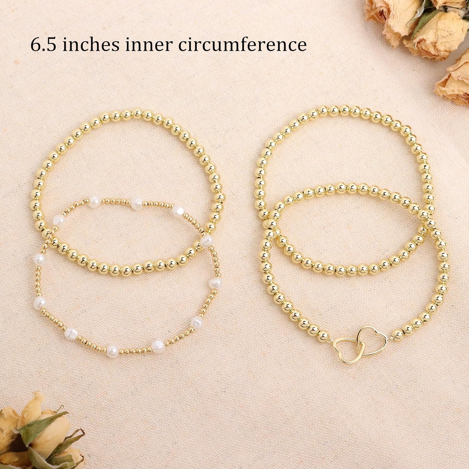 Gold Beaded Bow Heart Paperclip Pearls Stack Bracelet Set for Women, 4Pcs Handmade Golden Beads Pearl Stretchable Stackable Bracelets Party Jewelry Accessories Christmas Gift - Image 4