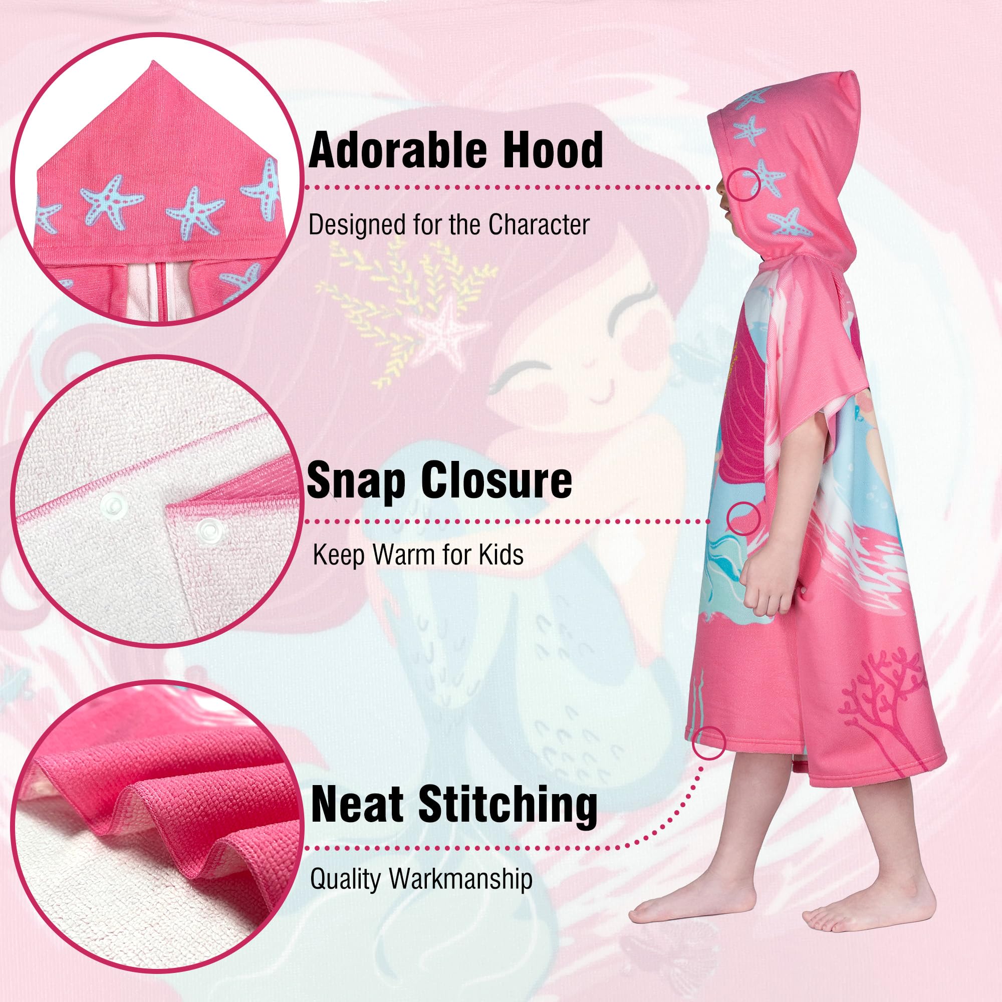 growell Toallas de playa con capucha para niños, toalla de baño para niños y niñas, para niños de 4 a 10 años, toallas de piscina para niños, toallas de piscina de secado rápido, poncho ligero de