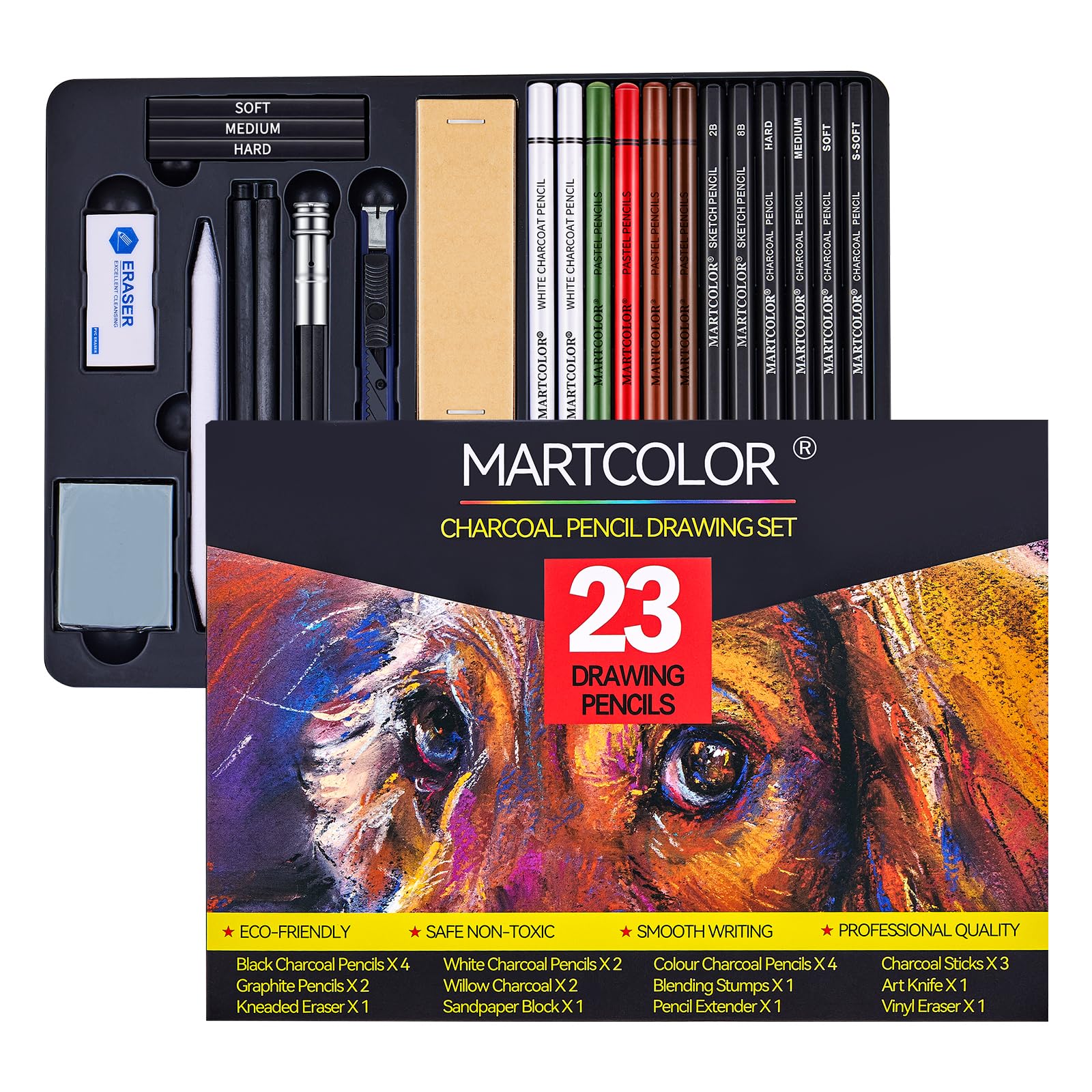 Colored Charcoal Pencils Drawing Set, 23 Pack Pro Sketch Pencils Kit - Pastel Chalk Pencils, Black & White Charcoal Pencils, Graphite Pencils, Charcoal Sticks 6 Colors-23 Pack