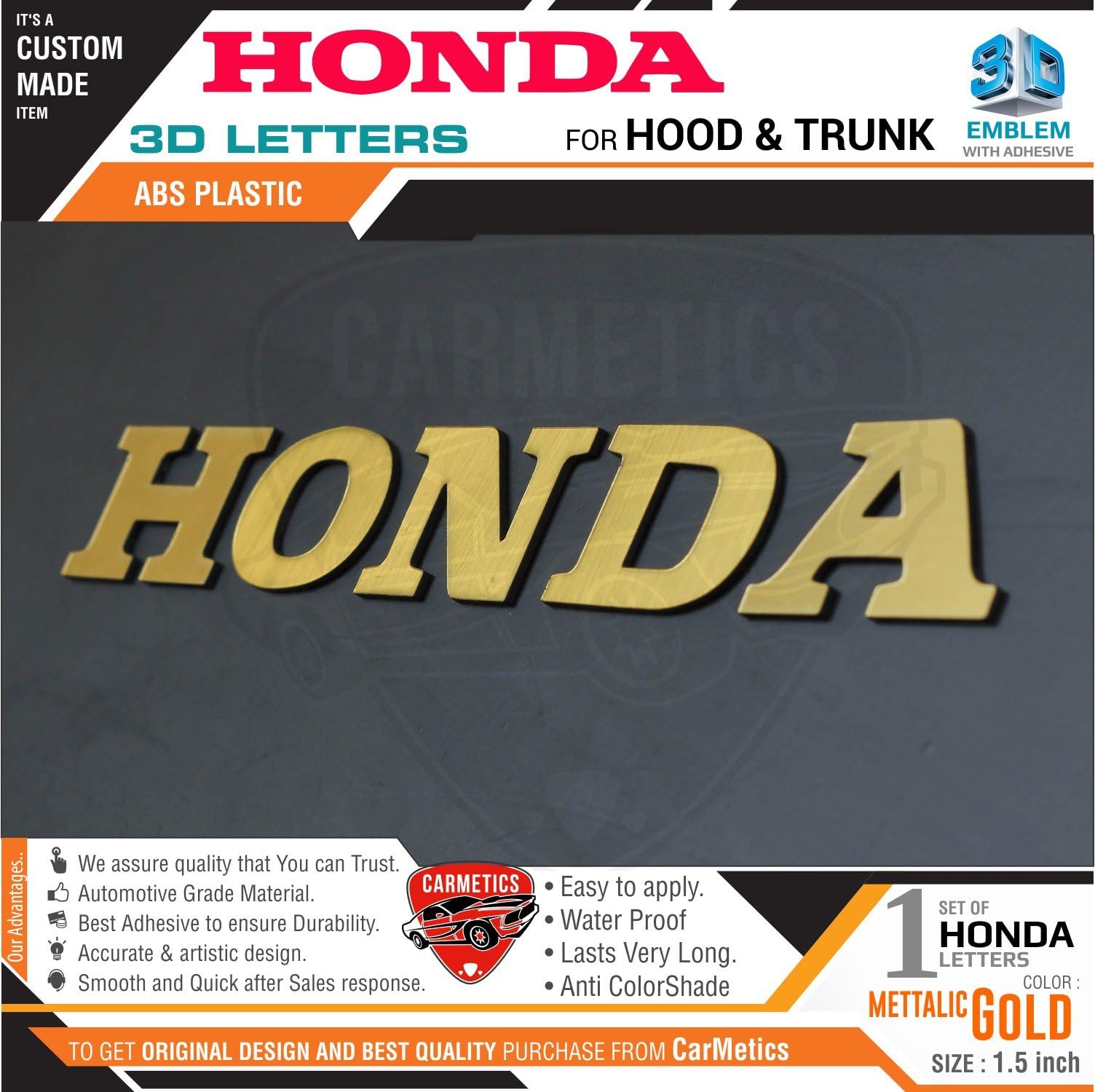 Carmetics Gold Honda 3D Letters Stickers Set for Honda Accord