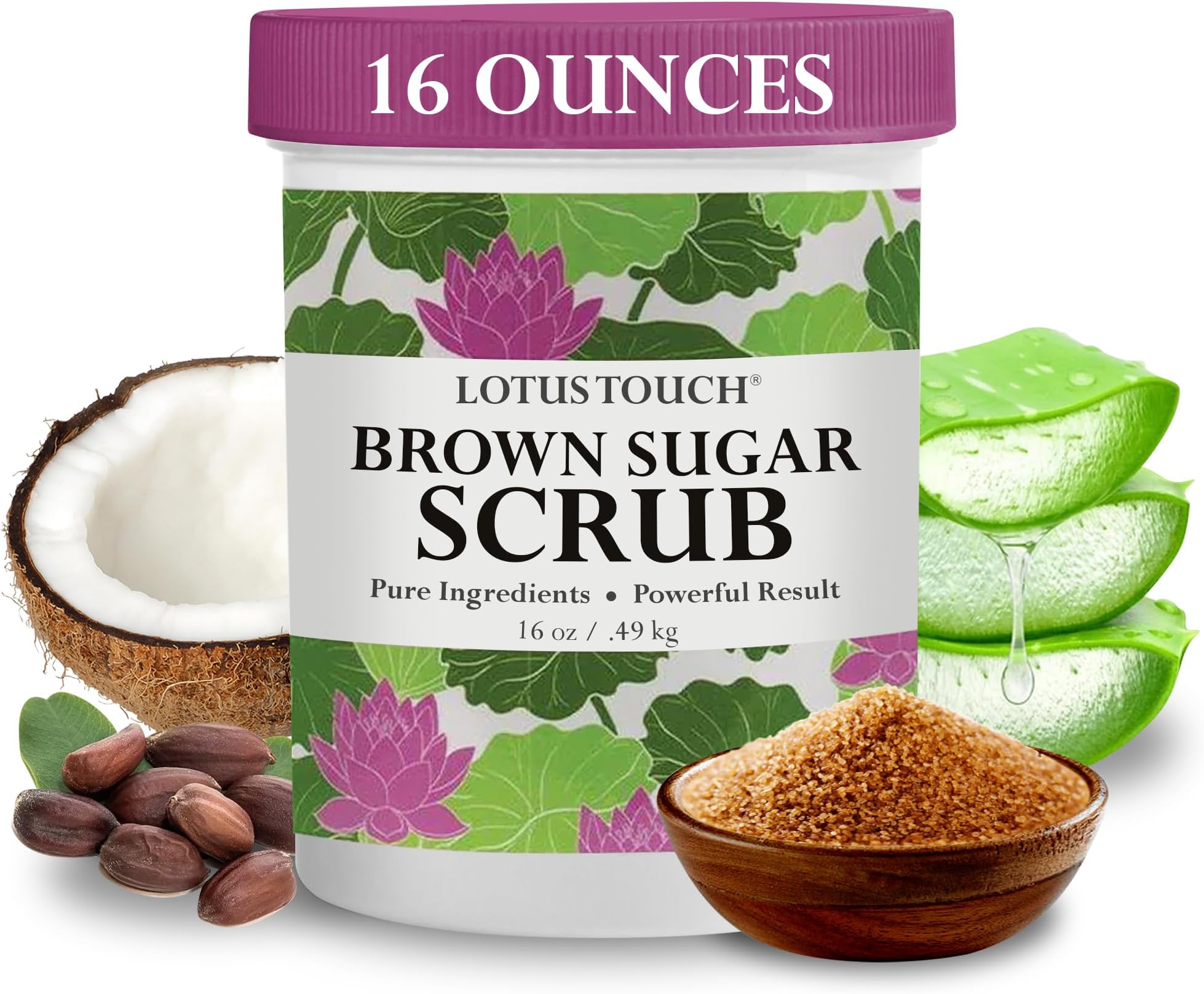 Brown Sugar Body Scrub by Lotus Touch - Hand & Body Scrub with Raw Brown Sugar to Exfoliate Skin, Leaving it Silky Soft - Antioxidant-rich Vitamins A & E to Nourish & Revitalize Skin - 16 Ounces