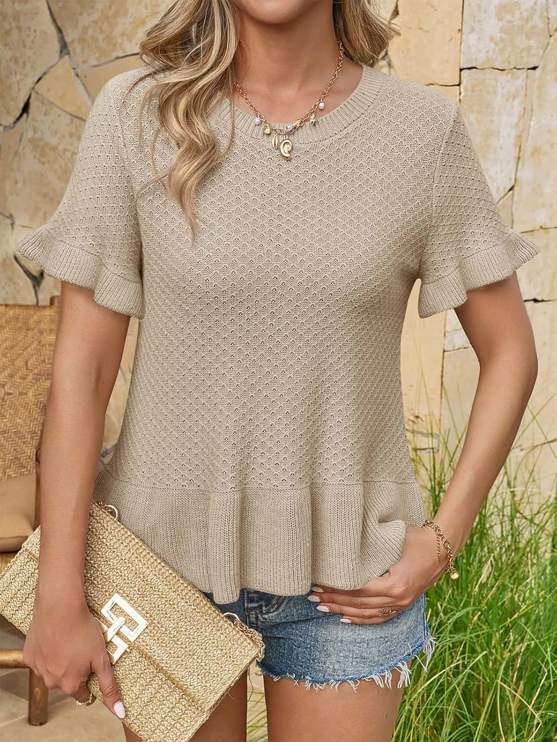 Yousify Womens Short Sleeve Sweater Round Neck Ruffled Hem Texture Knit Pullover Shirt Summer Beach Lightweight Tops - Image 4