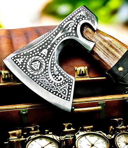 Vista 12 de AX-7001 regalo personalizado forjado acero de carbono vikingo hacha con el eje de madera de rosa, hacha de doble borde