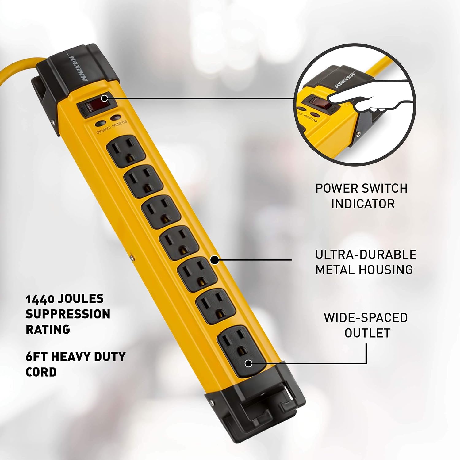 Maximm Heavy Duty Metal Power Strip Surge Protector (1440 Joules) | 7 AC Outlets | 360 Degree Rotating Flat Plug & 6 ft Long Extension Cord + Cord Management, Multi Outlet Yellow ● Jobsite, Workshop