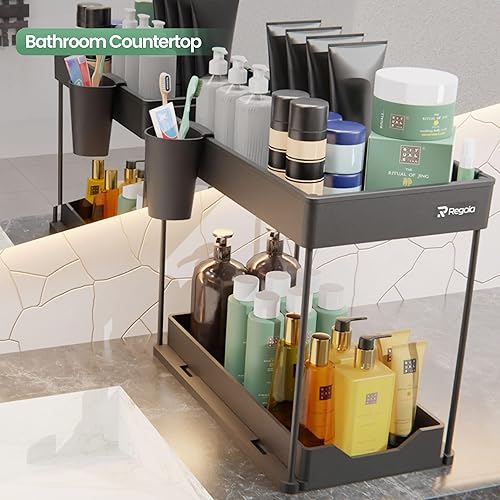 Miniatura 7 de Organizador y almacenamiento debajo del fregadero, paquete de 2 con 1 soporte de esponja para fregadero de cocina, organizadores de baño deslizantes