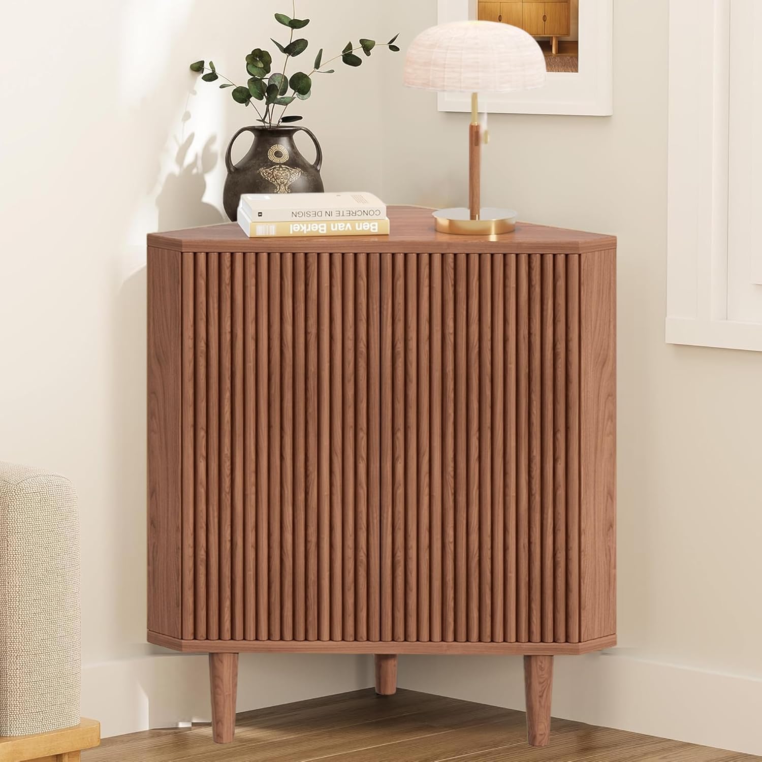 Fluted Corner Cabinet, Small Corner Floor Cabinet with Doors and Adjustable Shelves, Freestanding Storage Cabinet for Small Space,Narrow Storage Organizerfor Living Room, Walnut