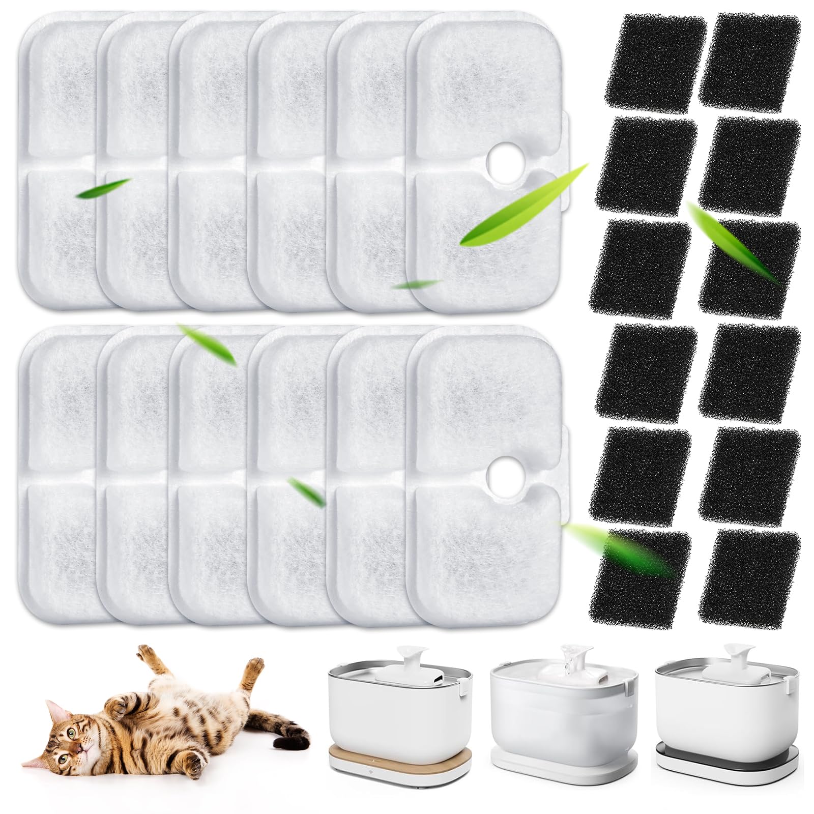 Herboom 40 Stück Filter Katzenbrunnen, Dockstream Trinkbrunnen für Katze PLWF005, PLWF115, PLWF105, Trinkbrunnen Filter Ersatzfilter für Katzentrinkbrunnen, 20 Filter und 20 Schwämm