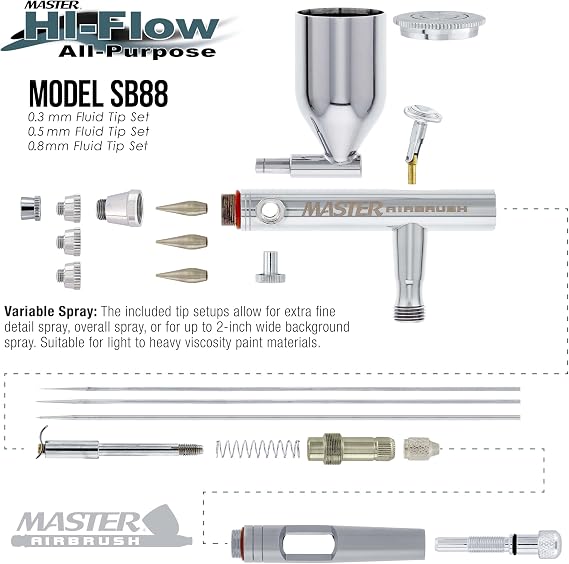Master Airbrush SB88 Pro System - Dual-Action Side Feed Airbrush, Tank Compressor, 3 Nozzle Sets (0.3, 0.5, 0.8mm), 1/2oz Gravity Cup, How To Guide - Spray Auto, Hobby