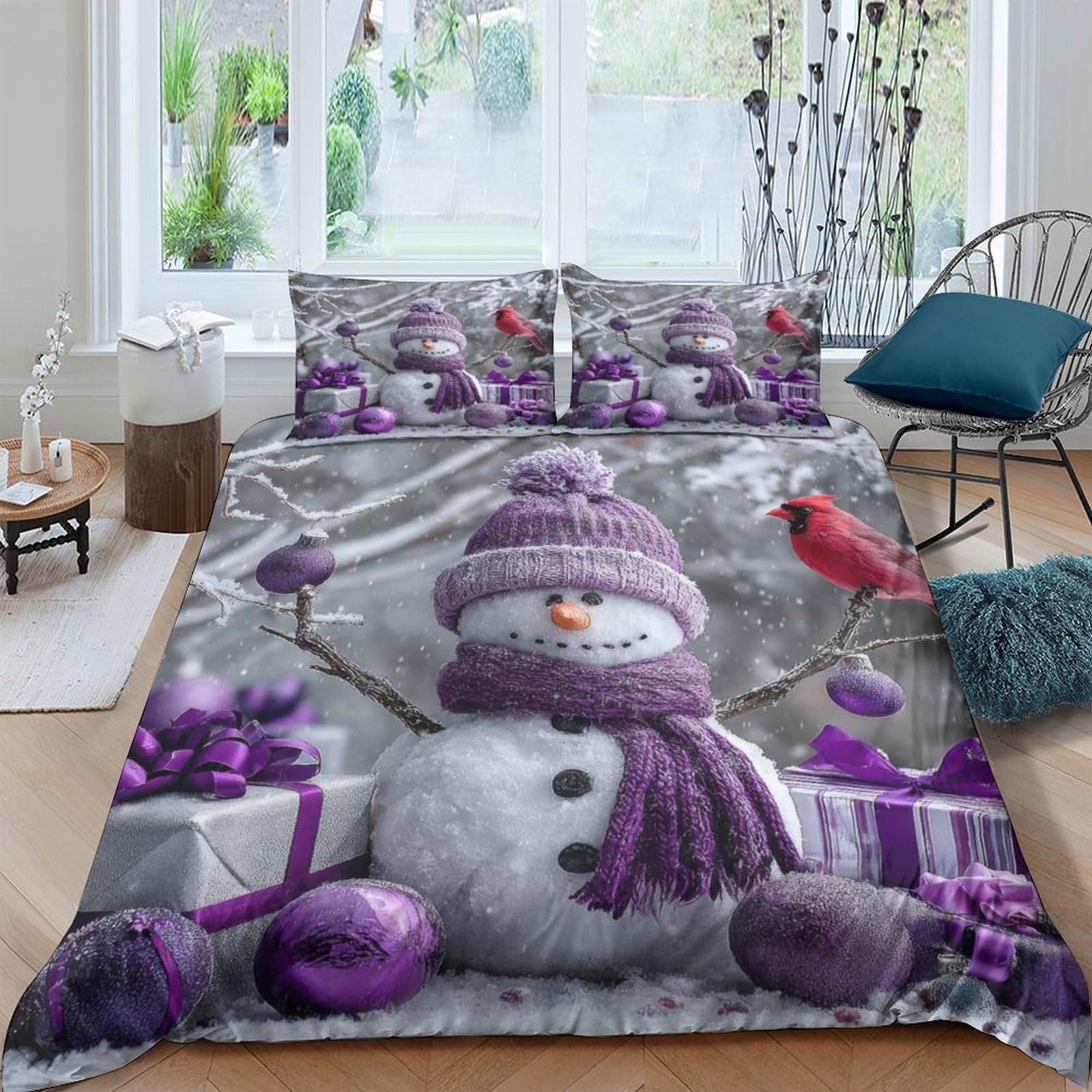 Ctjqhvkz Style-9 3D Printed Snowman Purple Gifts Fitted Sheet Microfiber Anti-Slip Bed Cover For Bedroom Guest Room Dorm Decor Single（135X200cm）