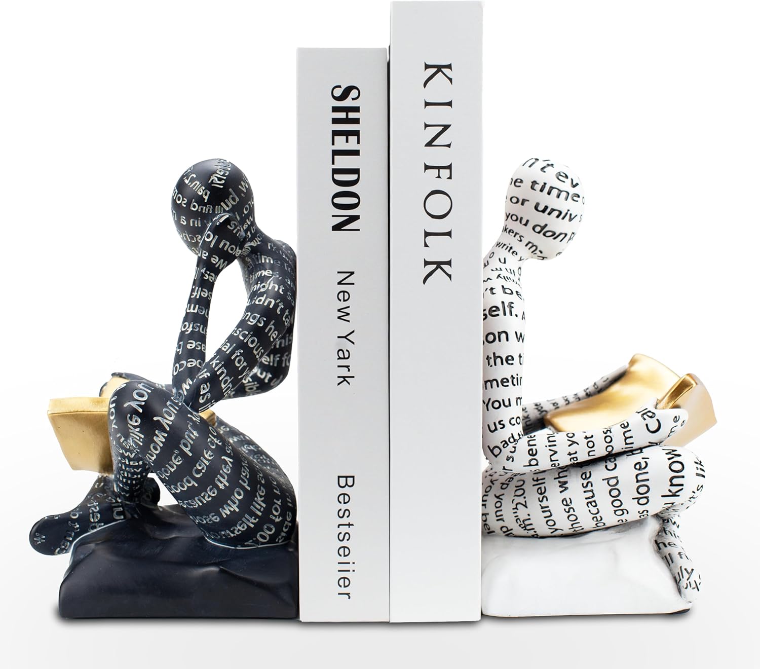 Heavy Duty Book Ends for Shelves, Thinker Decorative Bookends for Heavy Books, Unique Book Stoppers to Hold Book, Bookshelf Accessories, Modern Home Office Decor Aesthetic Black & White