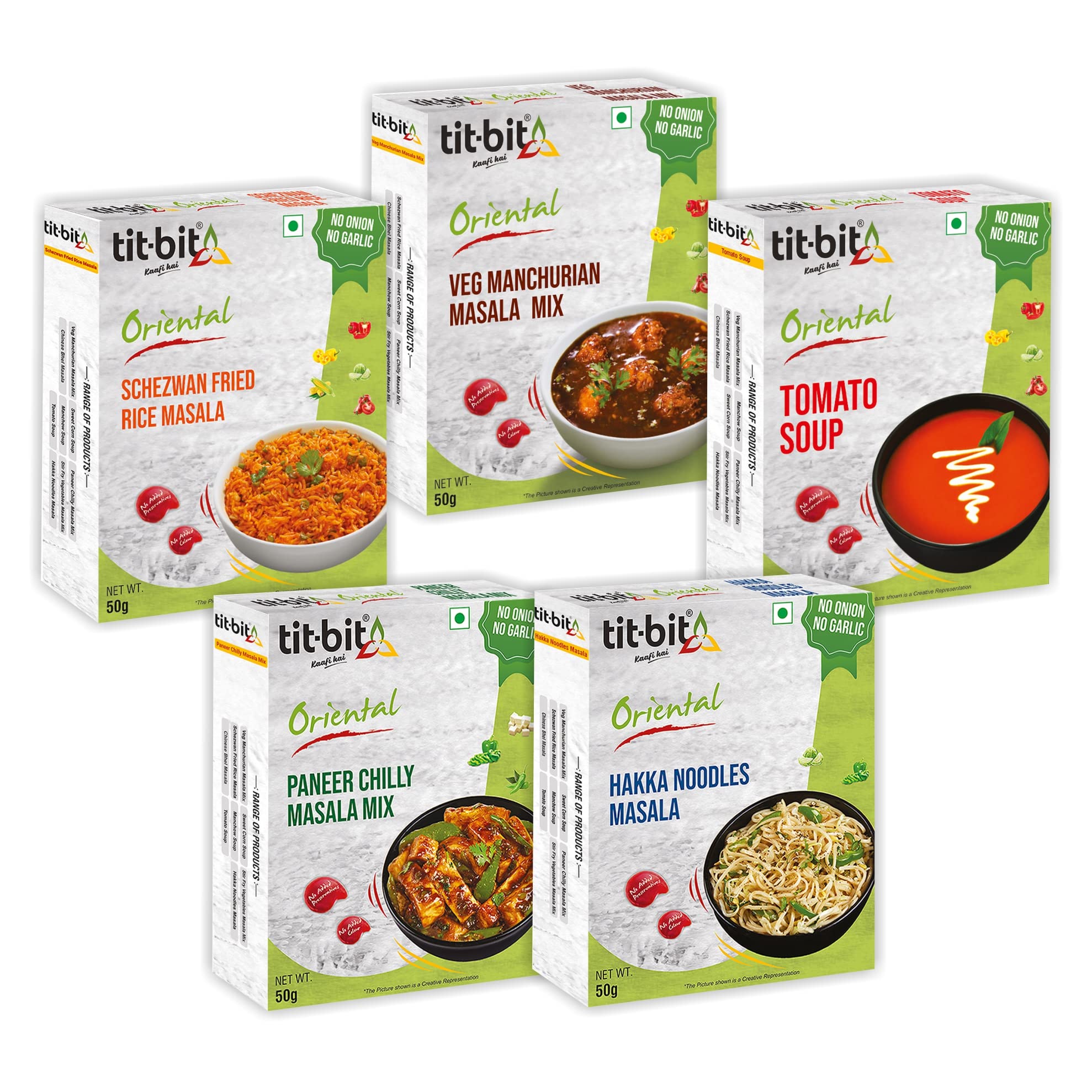 Tit-Bit No Onion No Garlic - Indian Masala Combo Schezwan Fried Rice Masala, Veg Manchurian, Tomato Soup, Paneer Chilly & Hakka Noodles Masala Pack of 5 (250gm)