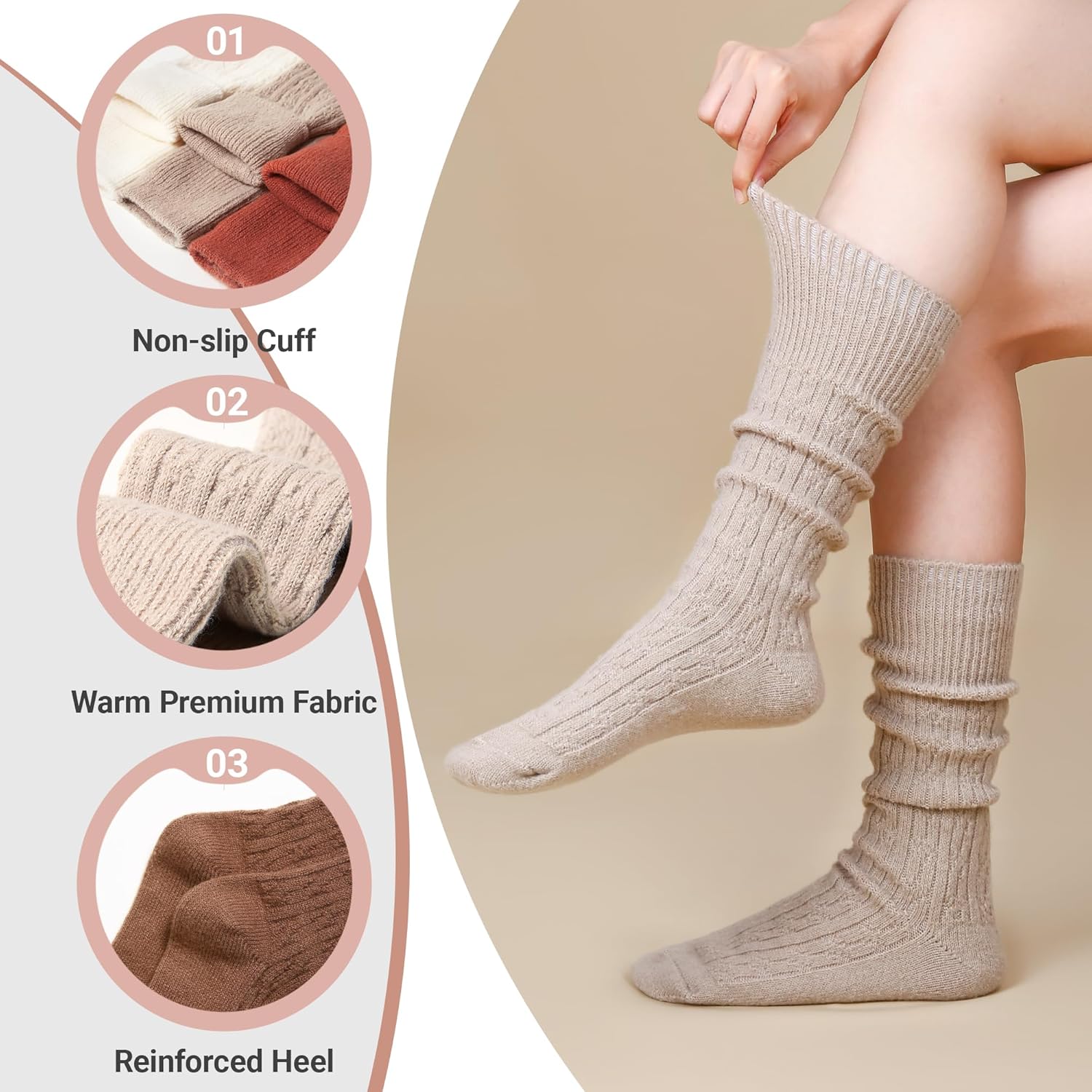 SISOSOCK 3 Pairs Winter Knee High Socks for Women Soft Warm Cable Knit Slouch Socks Fashion Accessories - Image 3