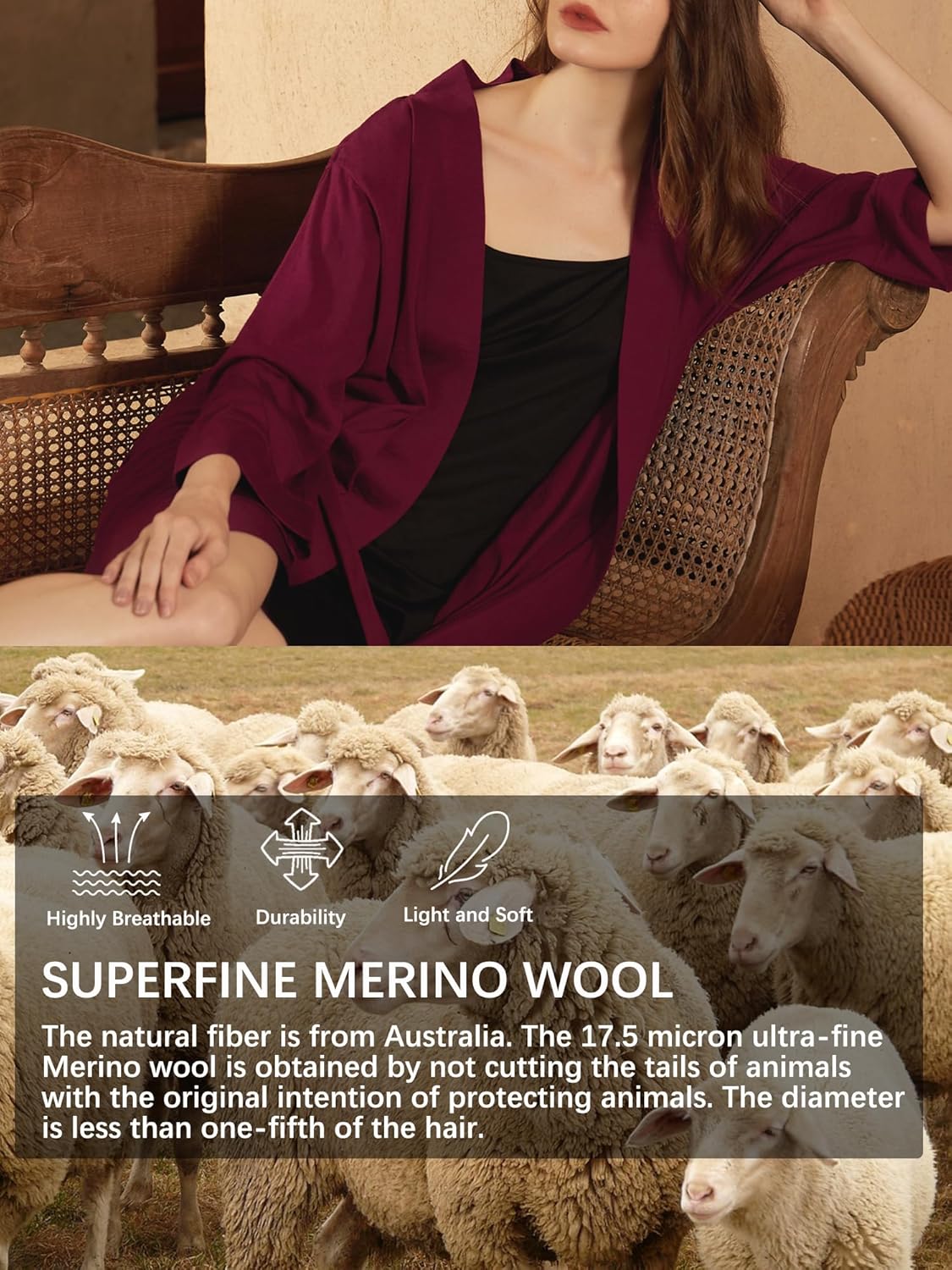 SIORO Women's Wool Robe, Short Bathrobe, Lightweight Loungewear with Pockets, Plus Size Sleepwear for Spa, Resort & Hotel - Image 3