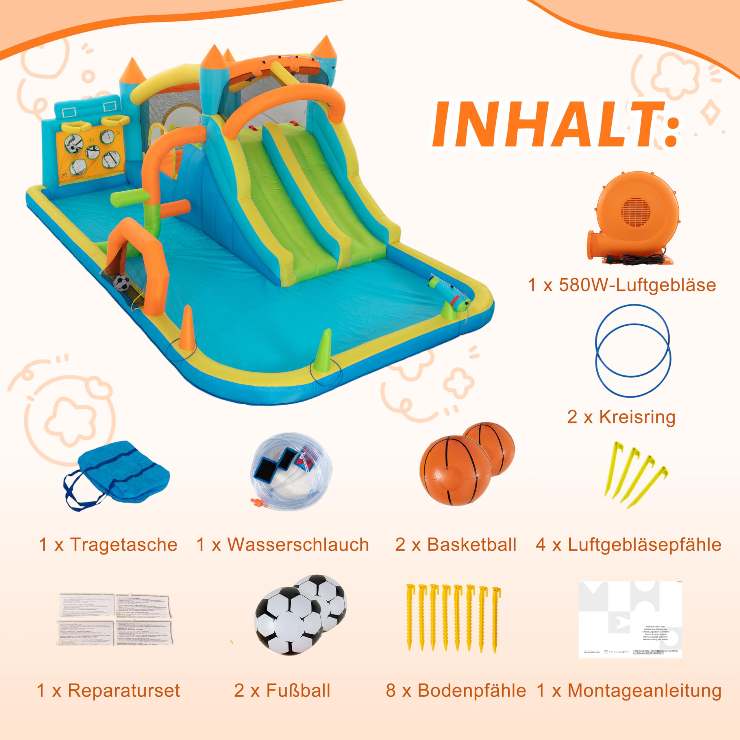 UEV Aufblasbarer 9-in-1 Hüpfburg XXL mit Gebläse,EN 71-1/2/3,515x320x216cm | Trocken-/Wasserdoppelrutsche, geeignet für Kinder von 3 bis 10 Jahren, Children's Bouncy Castle for Indoor or Outdoor use