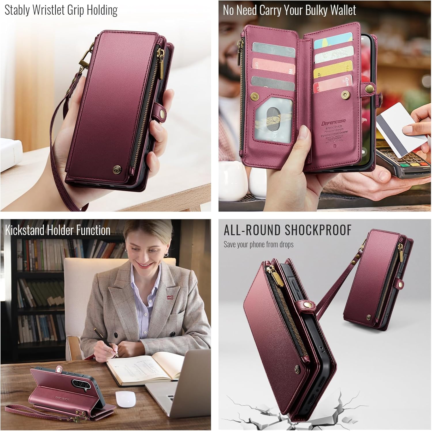 Defencase for Galaxy A36 5G Case Wallet with RFID Blocking Card Holder for Women Men, Fashion PU Leather Magnetic Snap Flip Zipper Wrist Strap Wallet Phone Case for Samsung Galaxy A36 5G, Wine Red