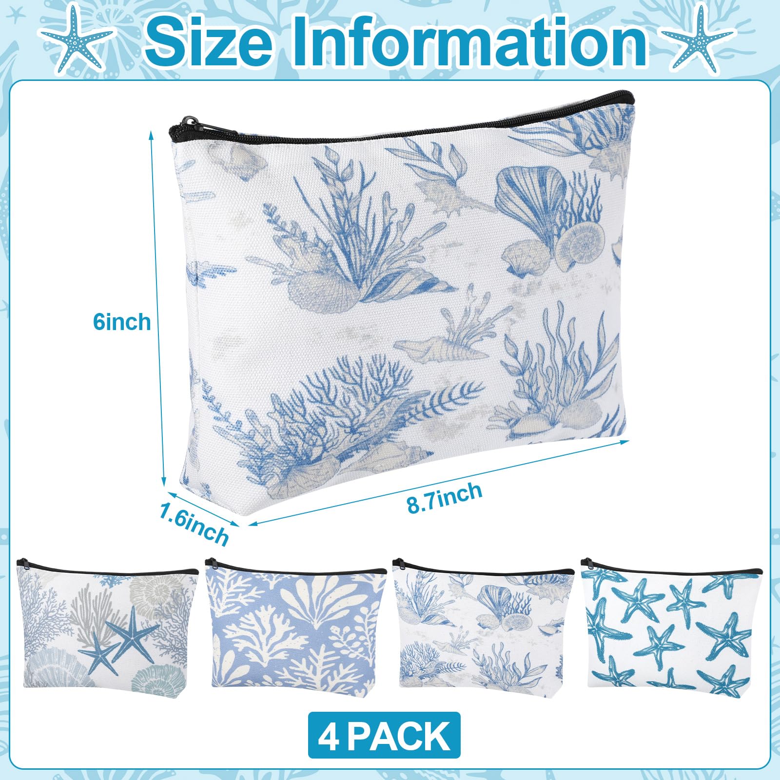 4 Pack Coastal Cosmetic Bags Beach Themed Gifts Starfish Seashell Conch Coral Makeup Pouches Zippered Travel Toiletry Bags for Women Beach Summer Trip Organizer Set(Fresh)