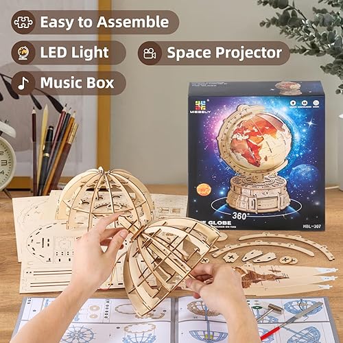 Miniatura 3 de MIEBELY Rompecabezas de madera 3D para adultos con carga USB, caja de música con globo iluminado, kit de construcción de modelos de madera LED con