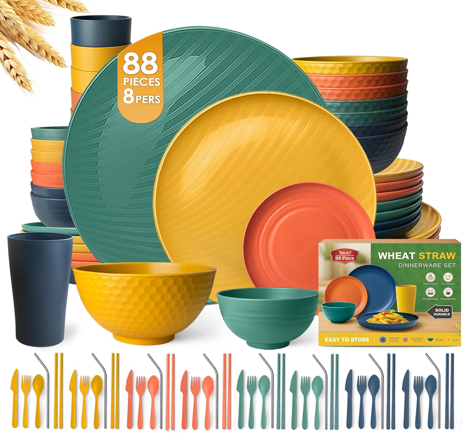 Teivio 88-Piece Kitchen Plastic Wheat Straw Dinnerware Sets for 8, Dinner/Dessert/Tidbit Plate, Cereal/Fruit Bowls, Cups, Flatware,Dishwasher Safe, Colorful Unbreakable RV Dishes, Fall Multicolor