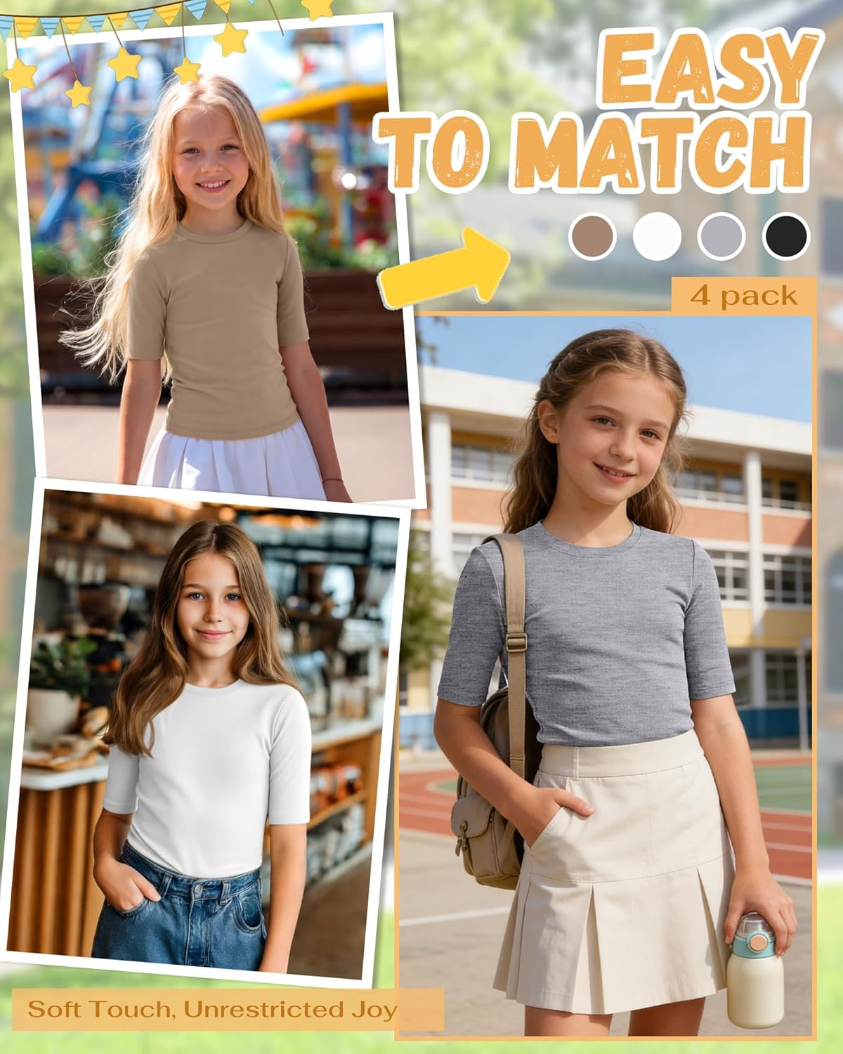 4 Pack Girls Shirts Crewneck Summer Half Sleeve Fitted Teen Cute Tops Soft Lightweight Trendy Kids Clothes 5-14 Y