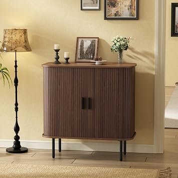 31W Walnut Fluted Buffet Sideboard Cabinet with Storage, Small Coffee Bar Sideboard Storage Cabinet with Sliding Tambour Door, Brown Entryway Table, Console Table for Living Room, Dining Room