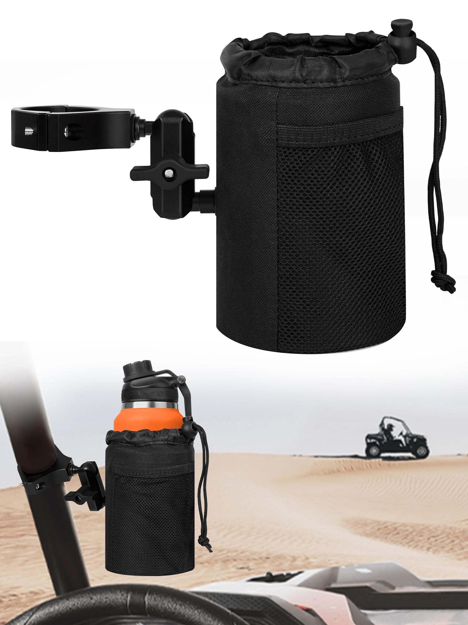 ZIDIYORUO UTV Cup Holder, Universal Drink Holder with Aluminum Bracket for 1.75"-2" Roll Bar Mount, 360° Adjustable Water Bottle Holder Compatible