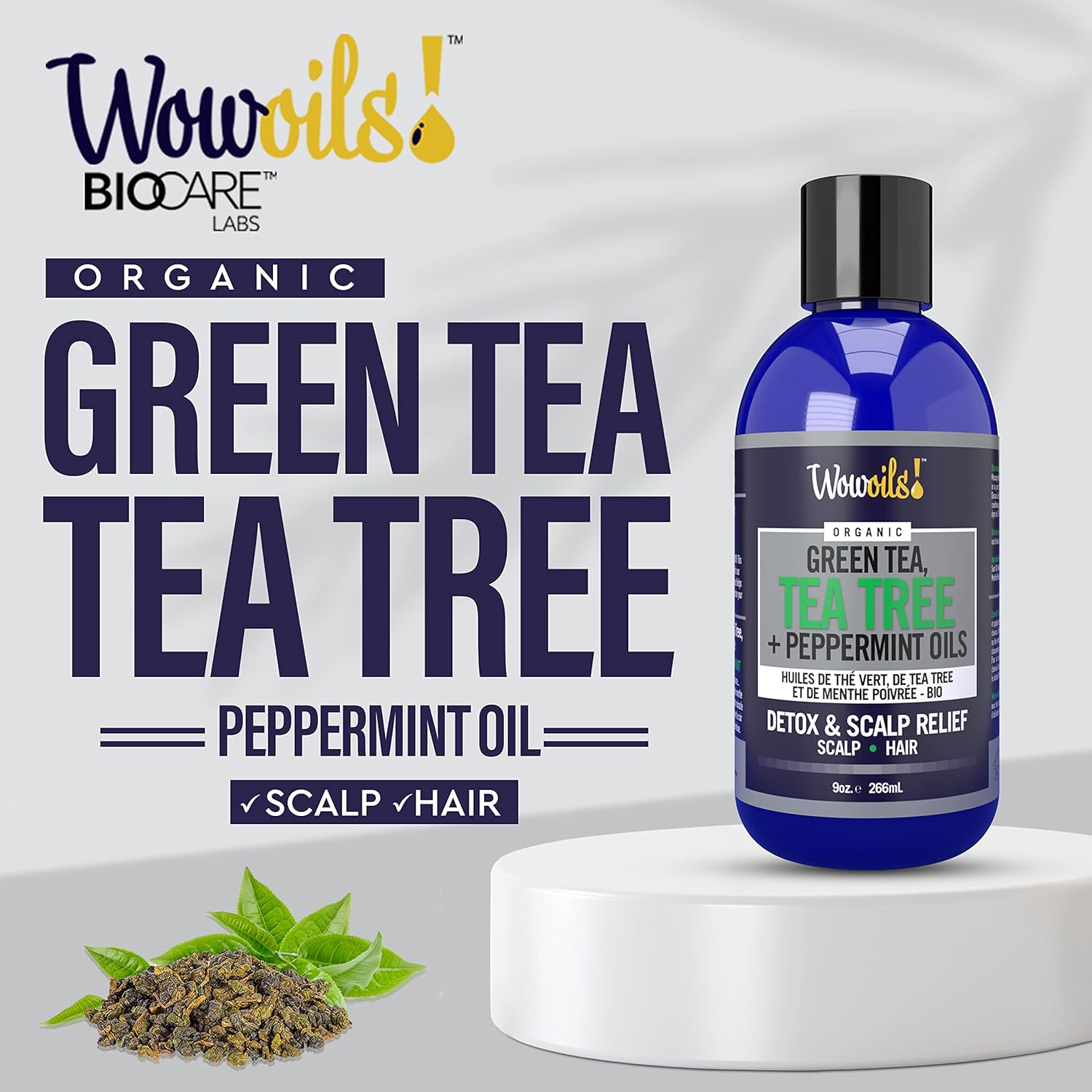 WowOils! Tea Tree, Green Tea & Peppermint Oil - Ultimate Relief & Conditioning for Dry Scalp, Split Ends, Frizz, Enhancing Hair Growth & Strength - Moisturizing Oil for Damaged Hair, 9 Oz