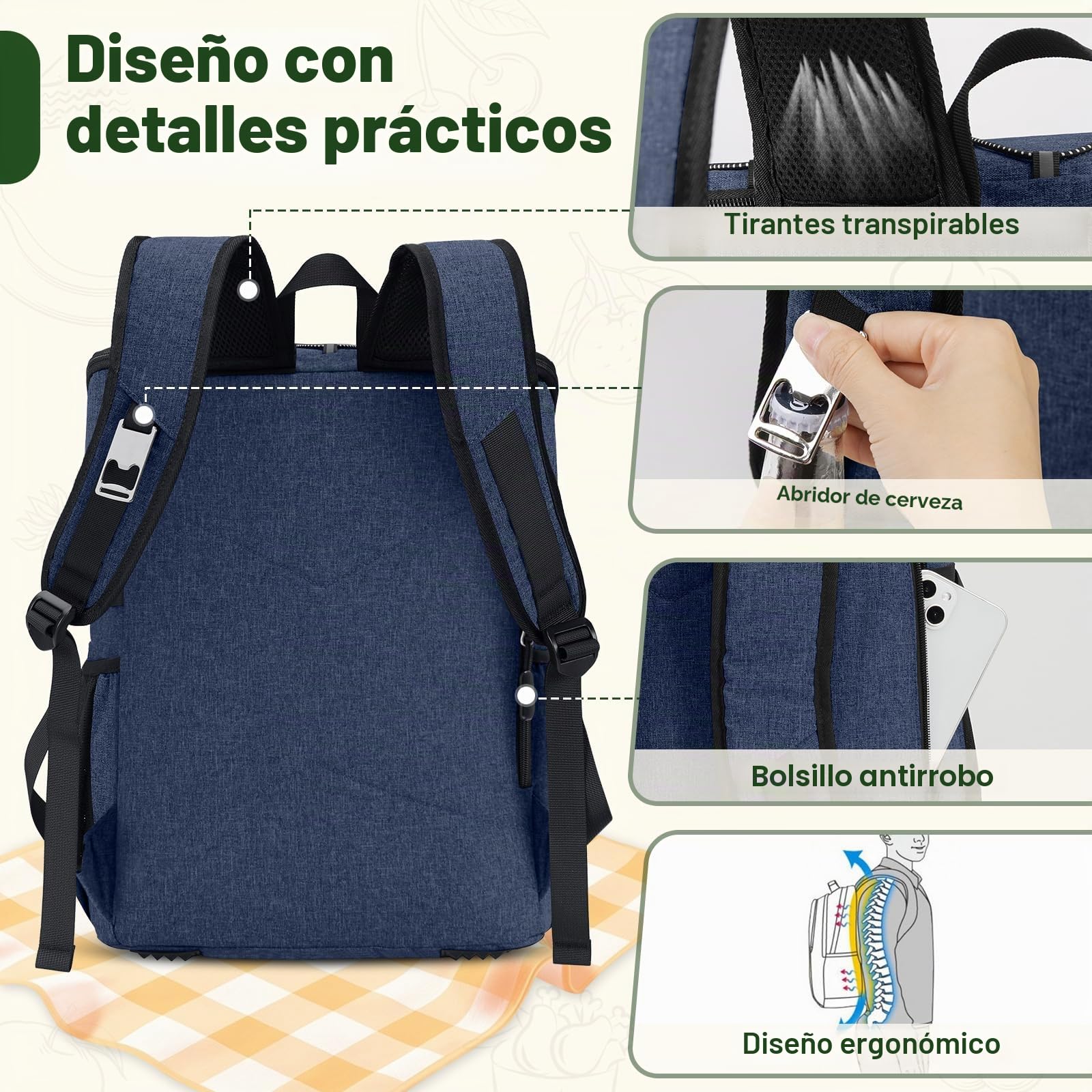 NEWHEY Mochila Térmica 30L Impermeable Almuerzo Gran Capacidad Mochila Nevera Isotermica Bolsa Picnic Duradera y Ligera para Exteriores Trabajo Camping Playa Senderismo