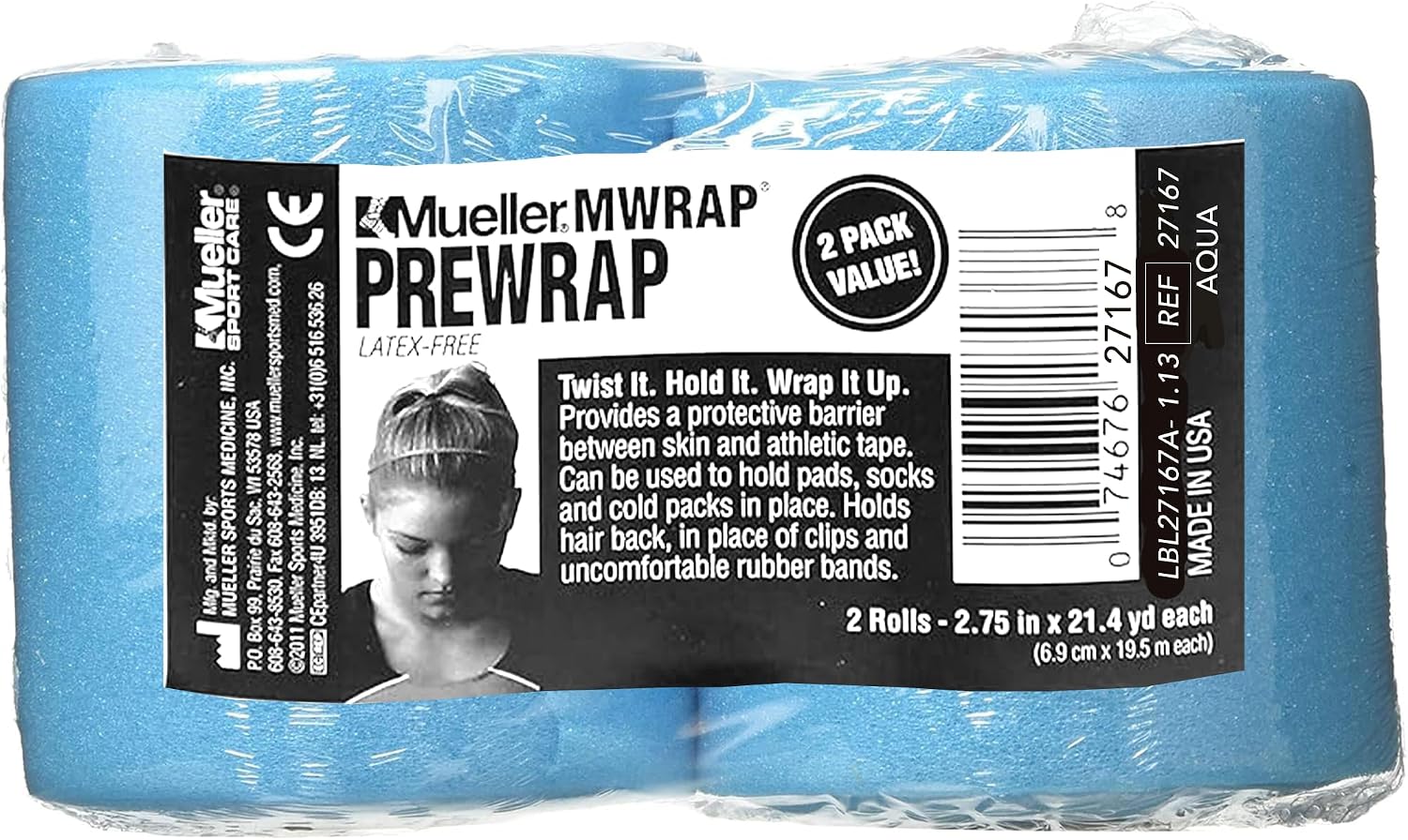 Mueller MWrap Latex-Free Prewrap, 2.75" X 21.4 Yd Roll, Aqua, 2 pack