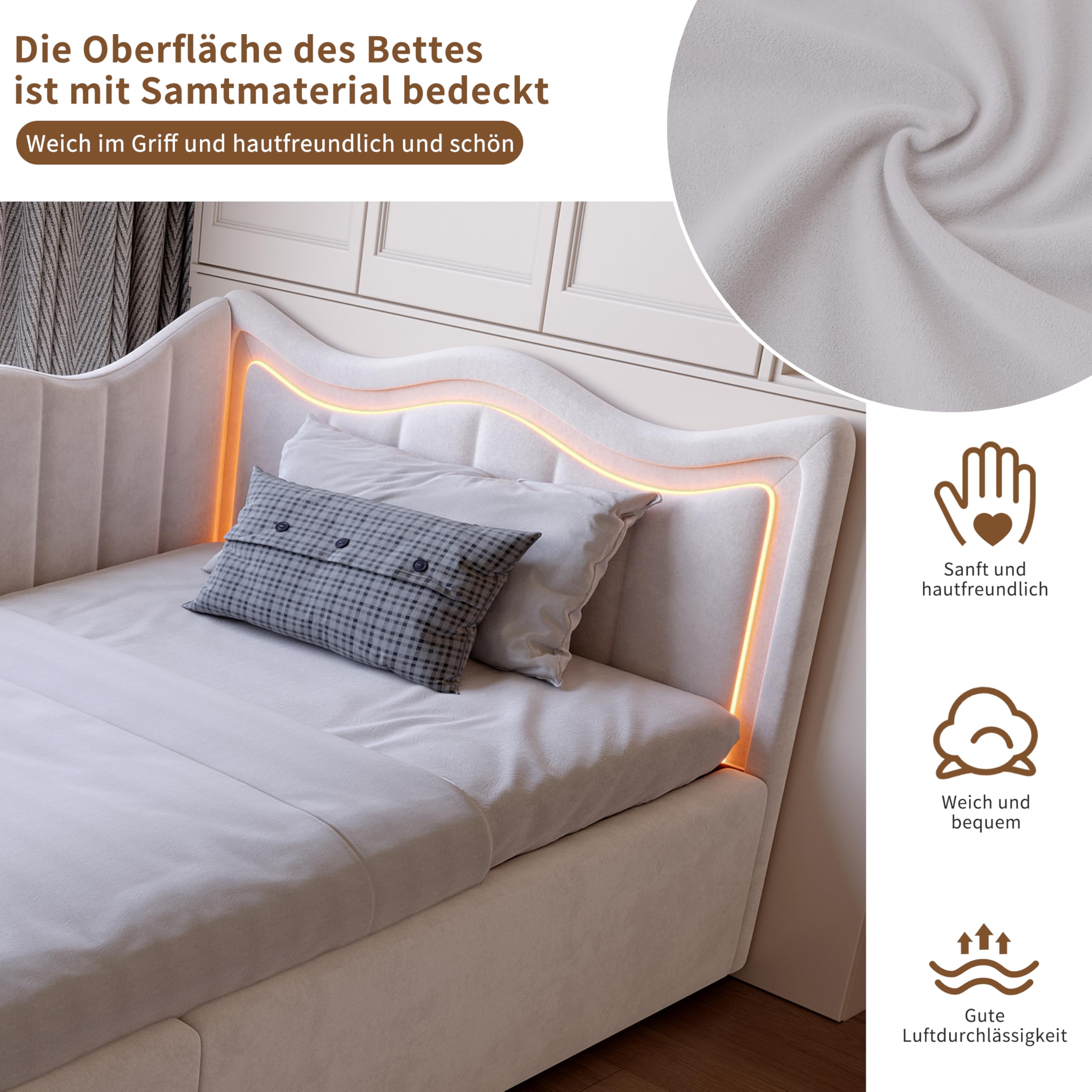 Cama tapizada, sofá cama 90 x 200 cm, con iluminación LED, cama individual con LED integrado, 90 x 200 cm, cama juvenil con espacio de almacenamiento hidráulico y cabecero, tela de terciopelo, cama de