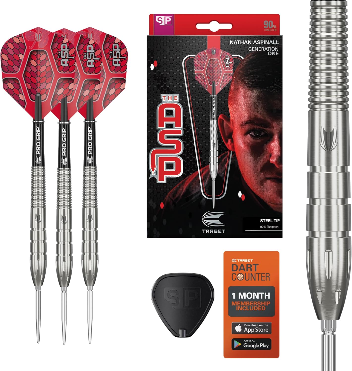 TARGET Darts Nathan Aspinall Generation 1 Steel Tip Darts, 90% Tungsten Dart Set, 22G/24G/26G | G1 Player Edition Darts with Swiss Point Tips or Fixed Points, Pro Grip Shafts, No.6 Dart Flights