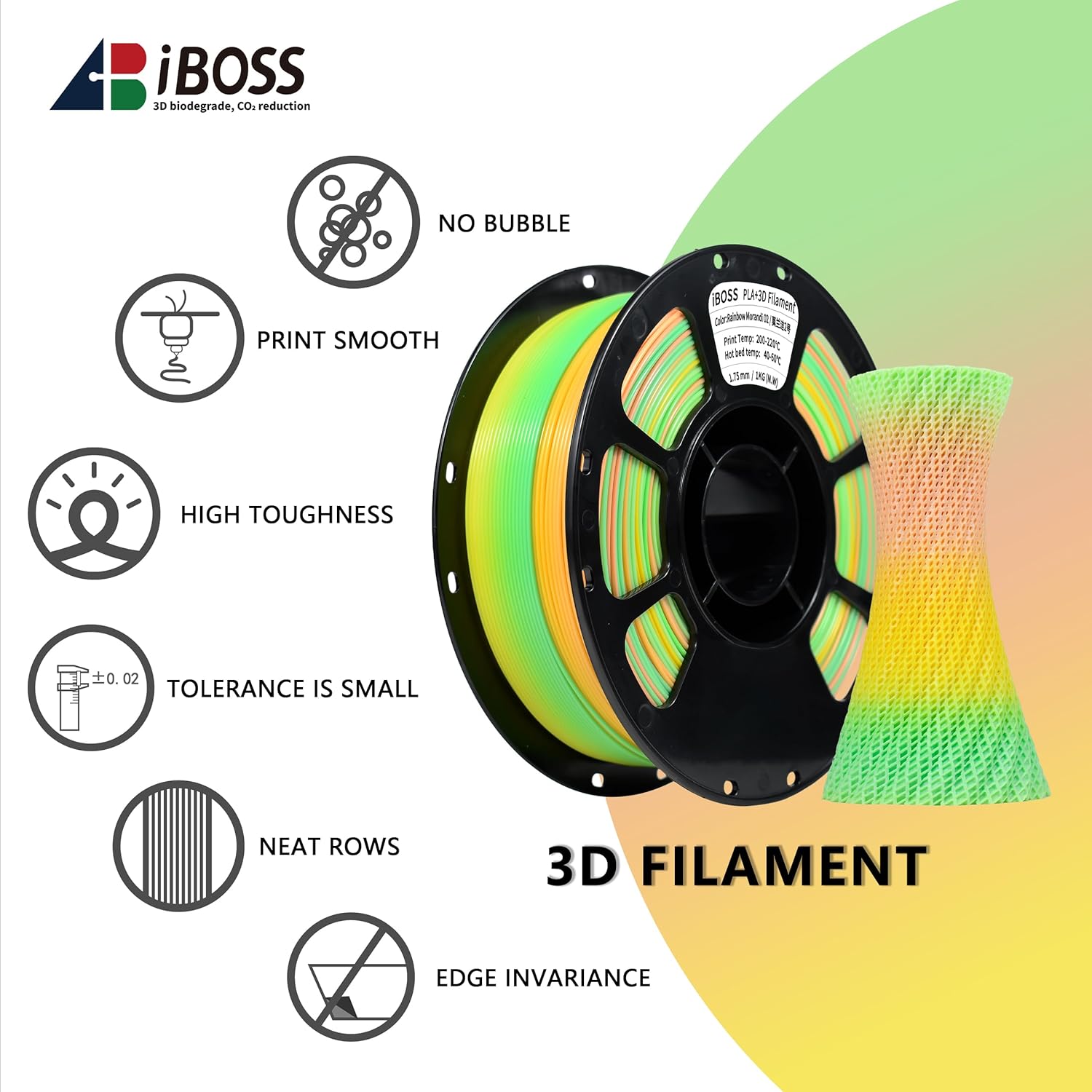 iBOSS Rainbow Filament Multicolor PLA+ Filament 1.75mm Shiny Color Changing 3D Printer Filament 1Kg(2.2lbs) Gradient PLA Plus, Fits for Most 3D Printer, Accuracy +/- 0.02mm, Morandi Rainbow 02