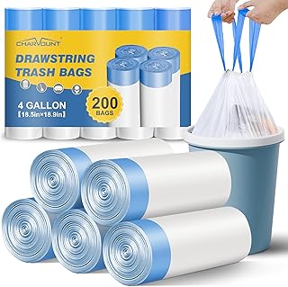 Charmount Small Trash Bags 4 Gallon, 200 Count Drawstring Mini Garbage Bags, Plastic Trash Can Liners for Bathroom Accesso...