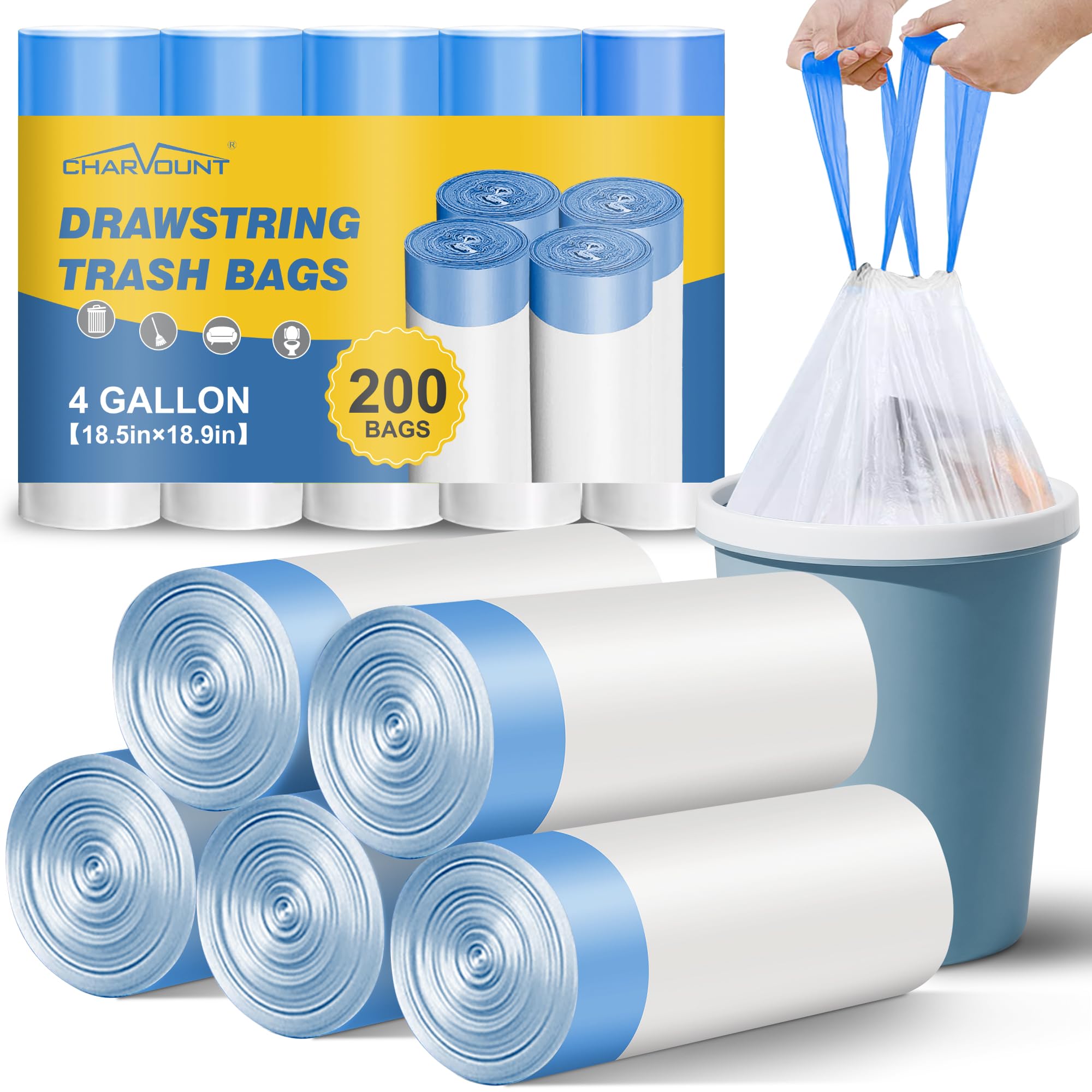 Charmount Small Trash Bags 4 Gallon 200 Count Drawstring Mini Garbage Bags Plastic Trash Can Liners for Bathroom