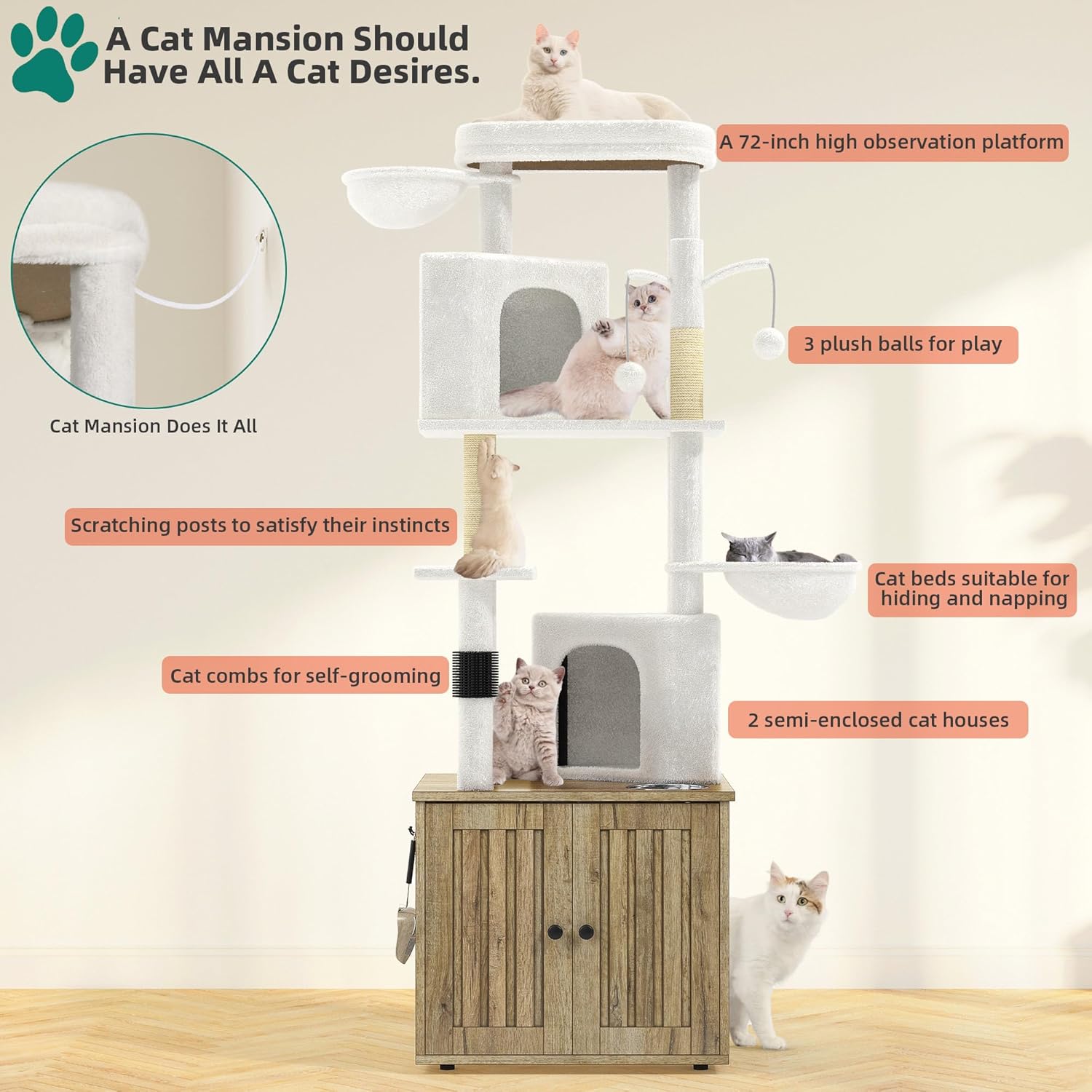 review YITAHOME 72” Tall Cat Tree with Hidden Litter Box Furniture Enclosure, All-in-one Indoor Cat Furniture Modern cat Tower with Scratching Posts, 4-Tier Platform, Condos and Food Station, Grey