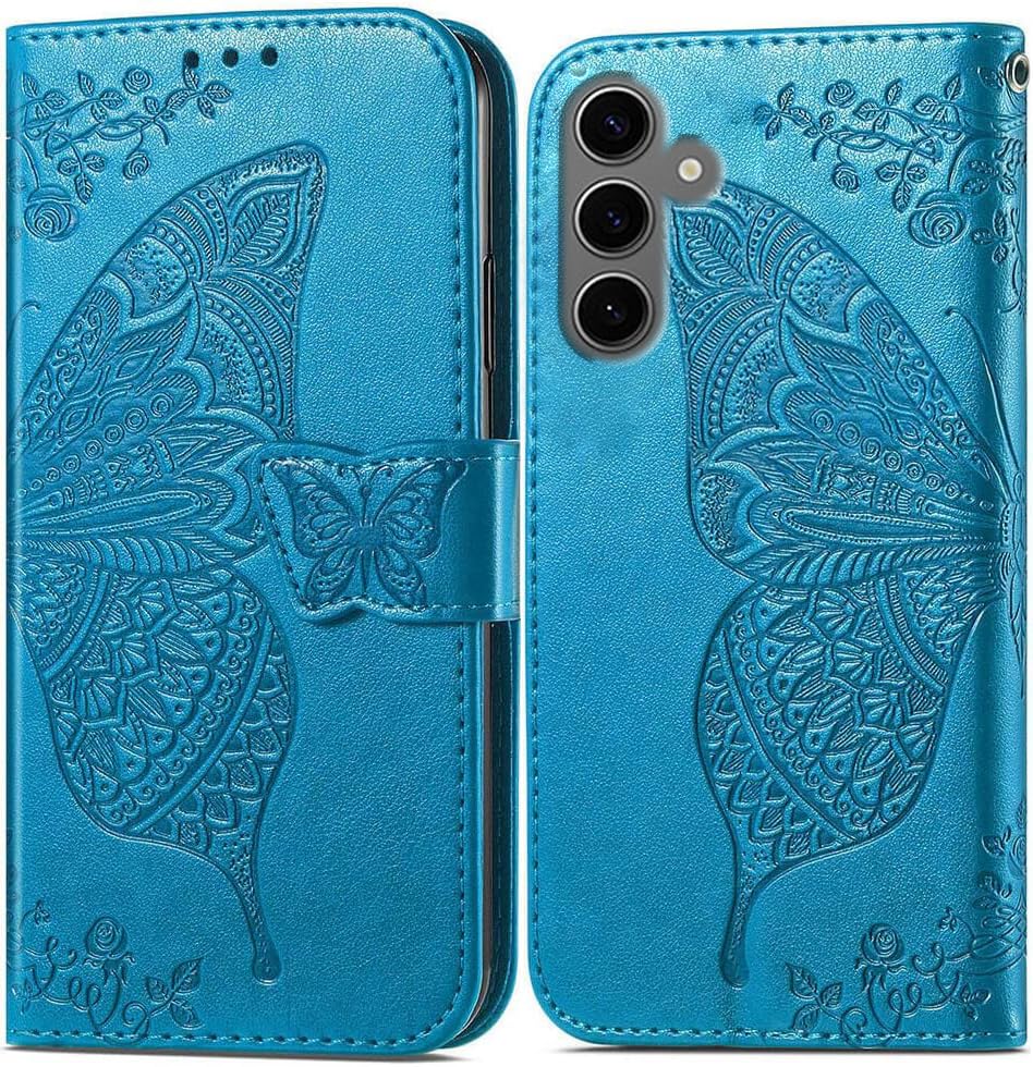 Image of ClickCase Butterfly Series for Samsung Galaxy M35 5G Leather Embossing Wallet Flip Case Kick Stand Magnetic Closure Flip Cover for Samsung Galaxy M35 5G (Sky Blue)