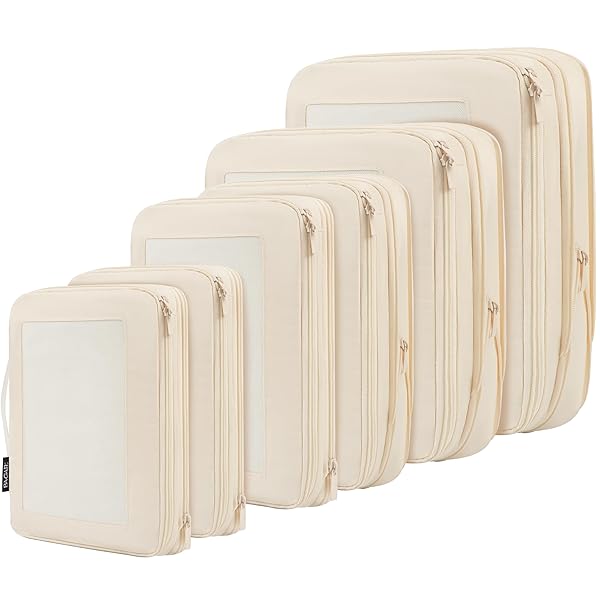 BAGAIL 4 Set/6 Set/8 Set Compression Packing Cubes Travel Accessories Expandable Packing Organizers (Square Mesh, 06-Beige)