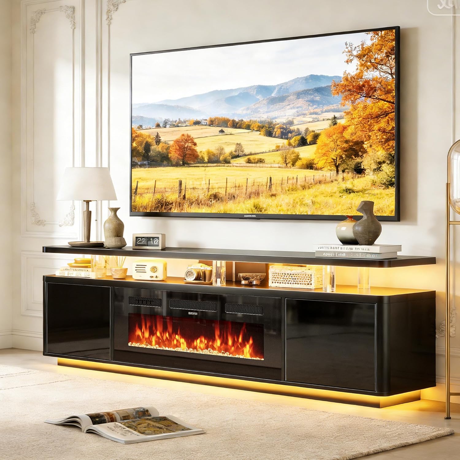 oneinmil 80" Fireplace TV Stand with Dual LED Lights, Fits Most TVs Up to 90", Electric Fireplace Entertainment Center with Storage Cabinets, Media Console for Living Room Office, Black