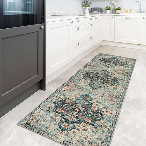 Miniatura 3 de Alfombra de pasillo lavable antideslizante, alfombra verde de 2 x 8 pies para dormitorio, alfombra de baño bohemia para pasillo, entrada, alfombra